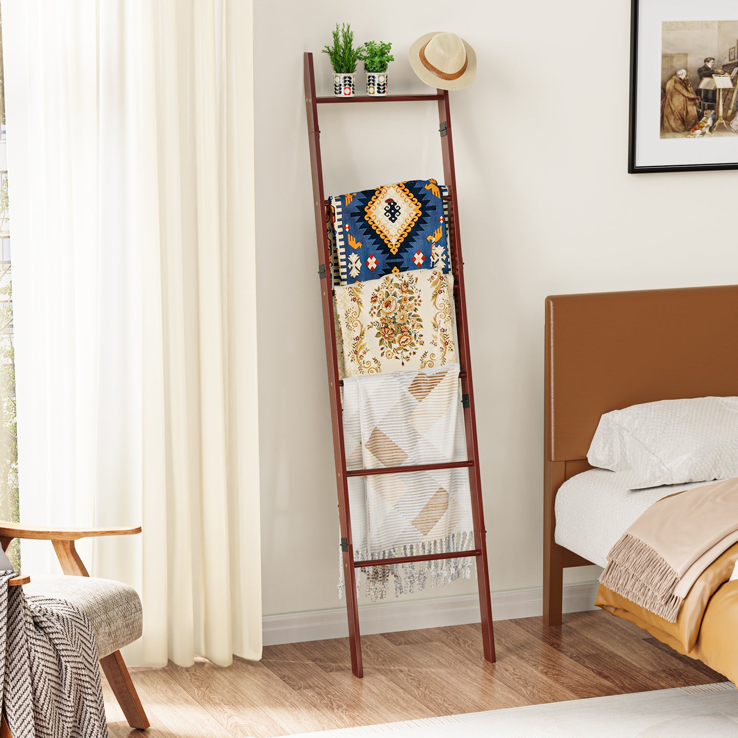 6-Tier Wall Leaning Blanket Ladder Shelf (Brown)