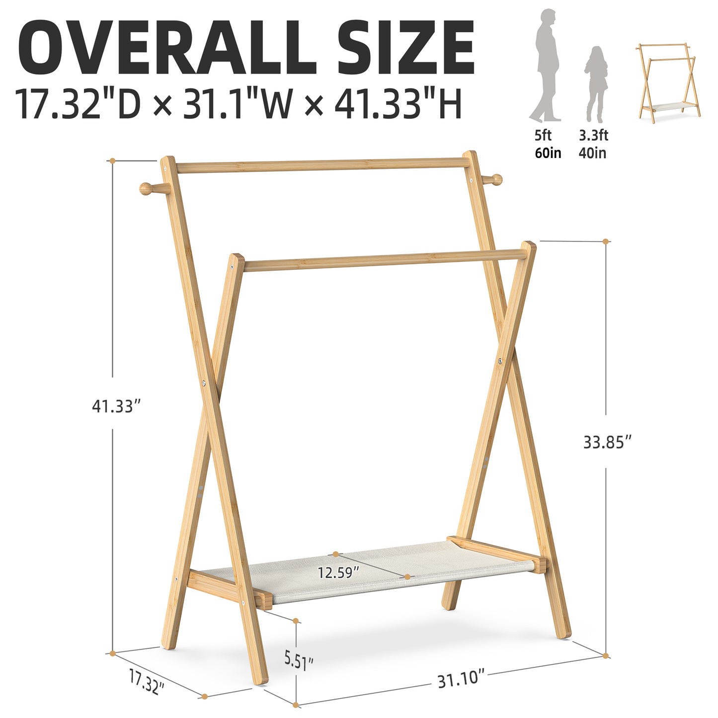 Freestanding Bamboo Clothes Rack with Shelves, Garment Rack for Bedroom (M)
