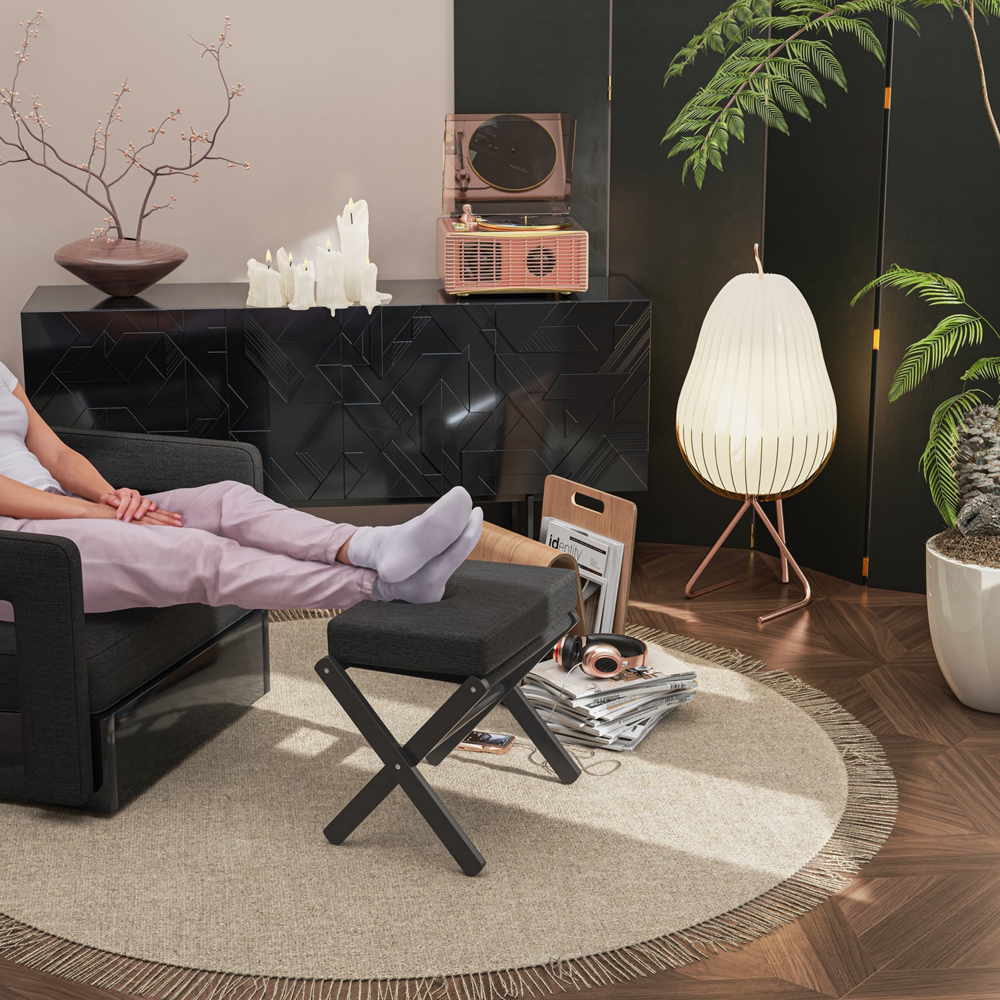 Folding Rectangle Standard Tufted Upholstered Ottoman Stool With Solid Wood Legs (Black)