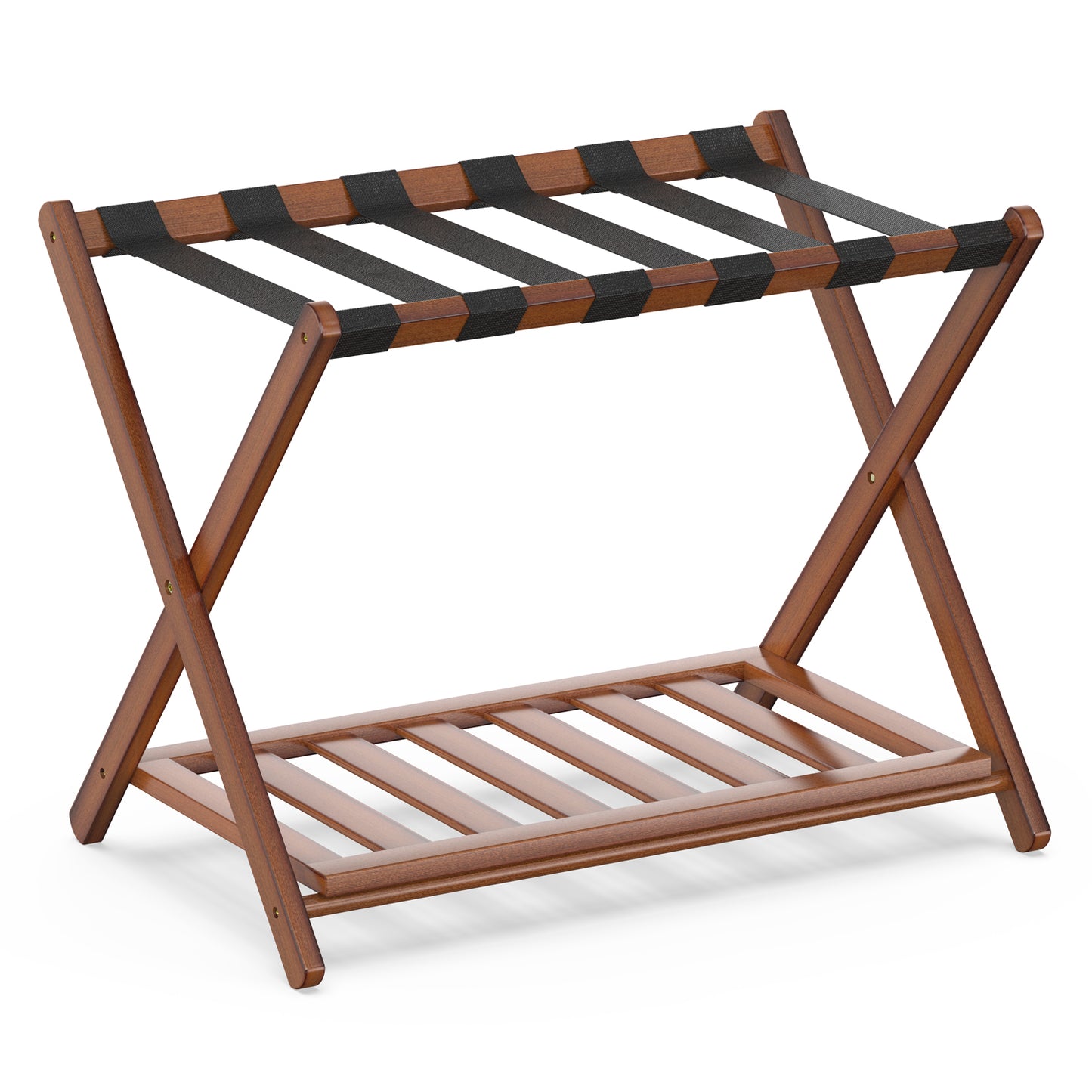 Folding Bamboo Luggage Rack with 6 Nylon Straps (Brown - 2 Pack)