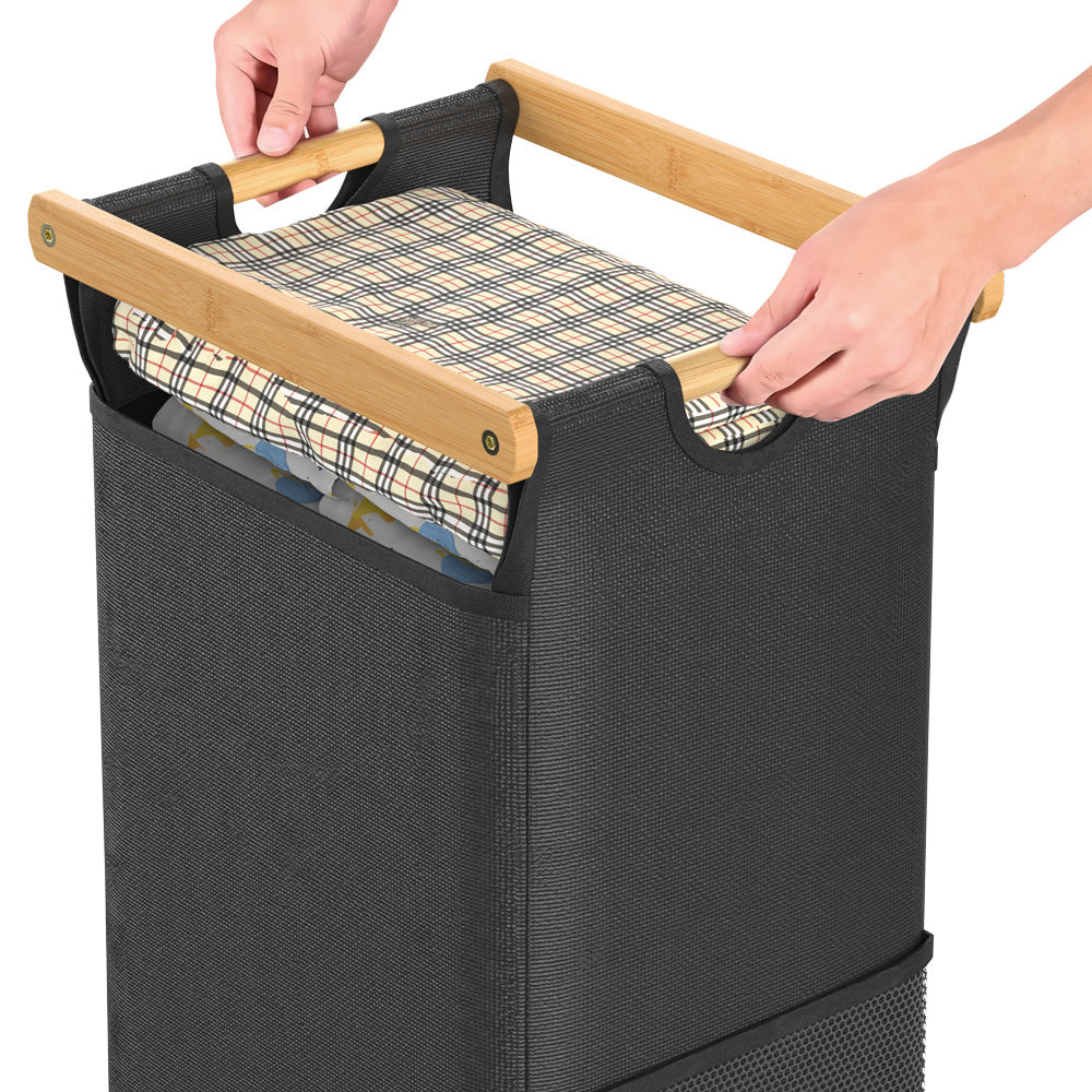 120L Bamboo Freestanding Laundry Hamper With Wheels, Storage Shelf and 3 Sliding Bag