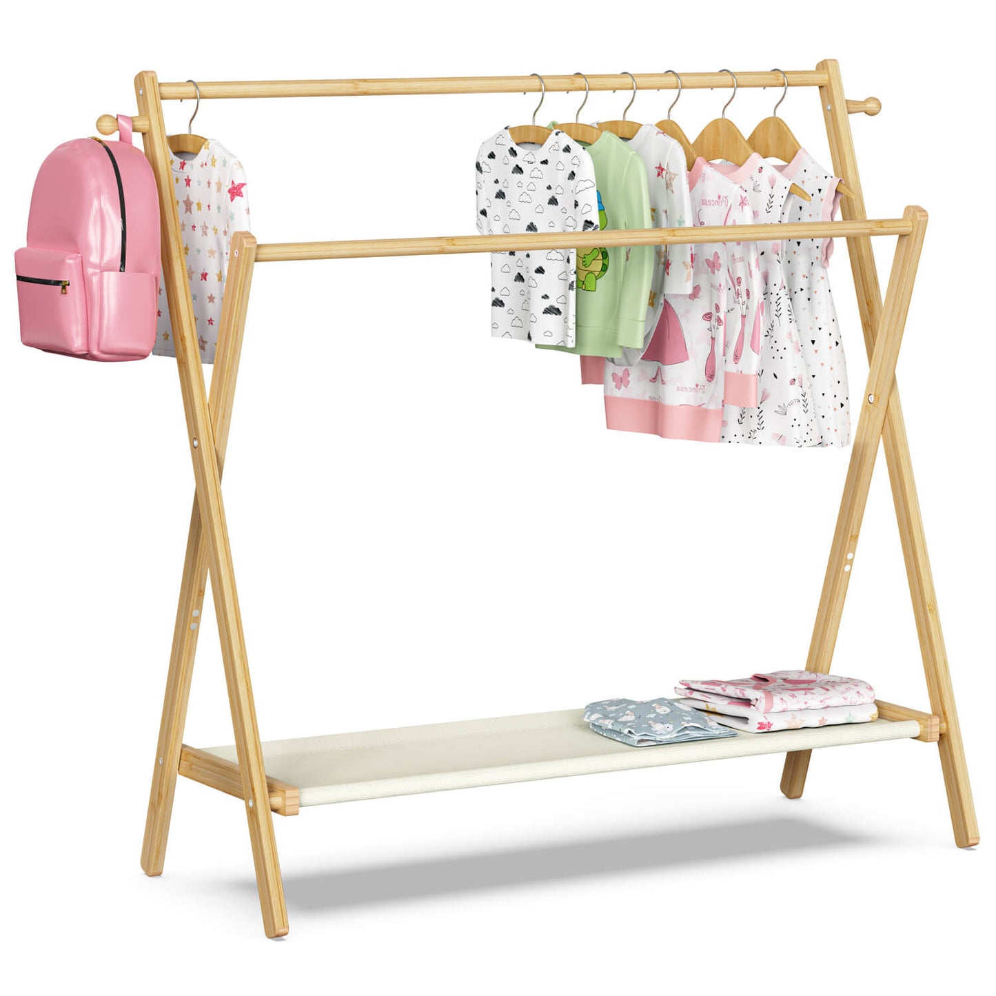 Freestanding Bamboo Clothes Rack with Shelves, Garment Rack for Bedroom (L)