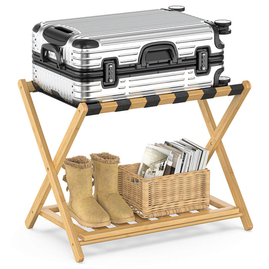 Folding Bamboo Luggage Rack with 6 Nylon Straps