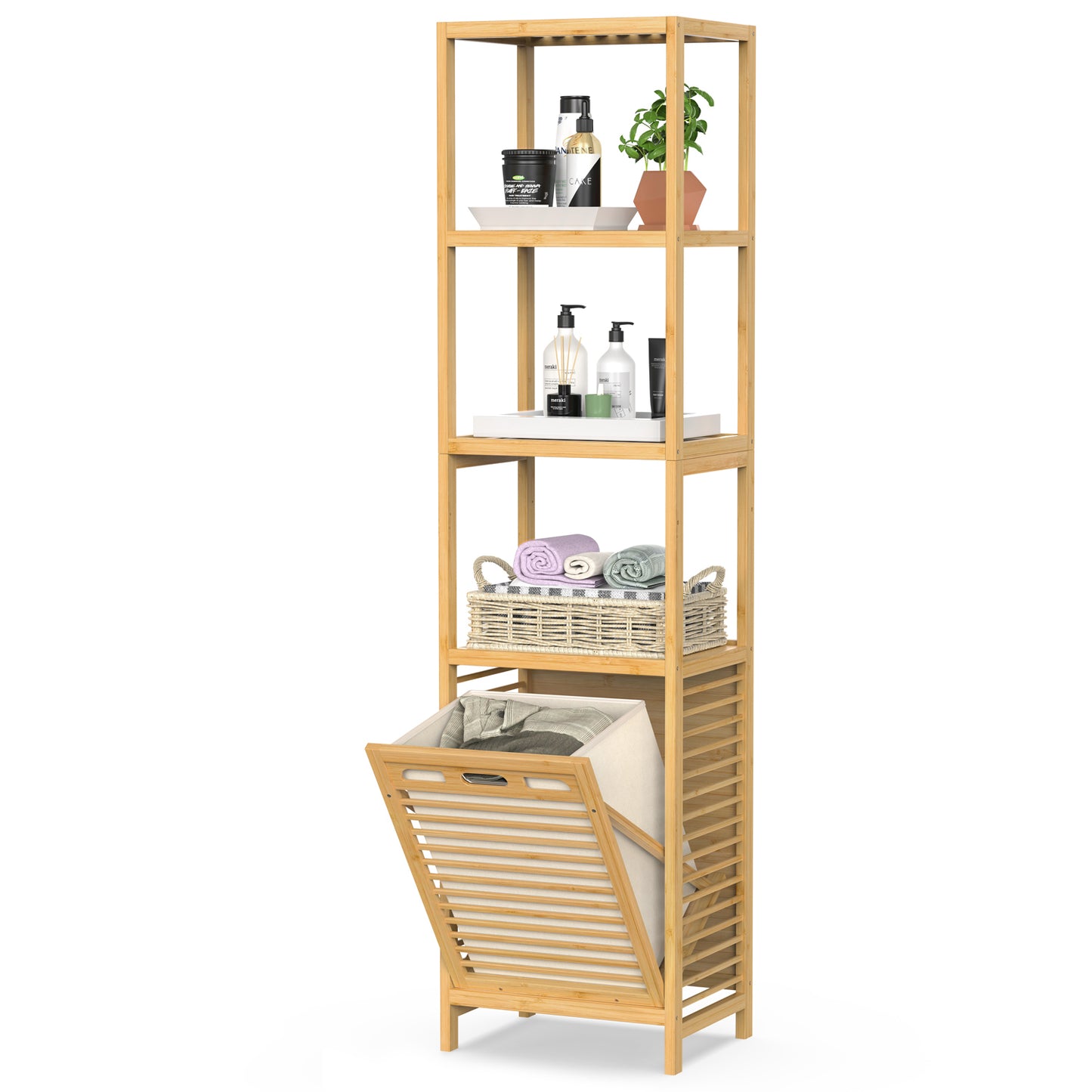 4-tier Bamboo Tilt-out Cabinet Laundry Hamper With Basket, Shelves (Beige Bag)