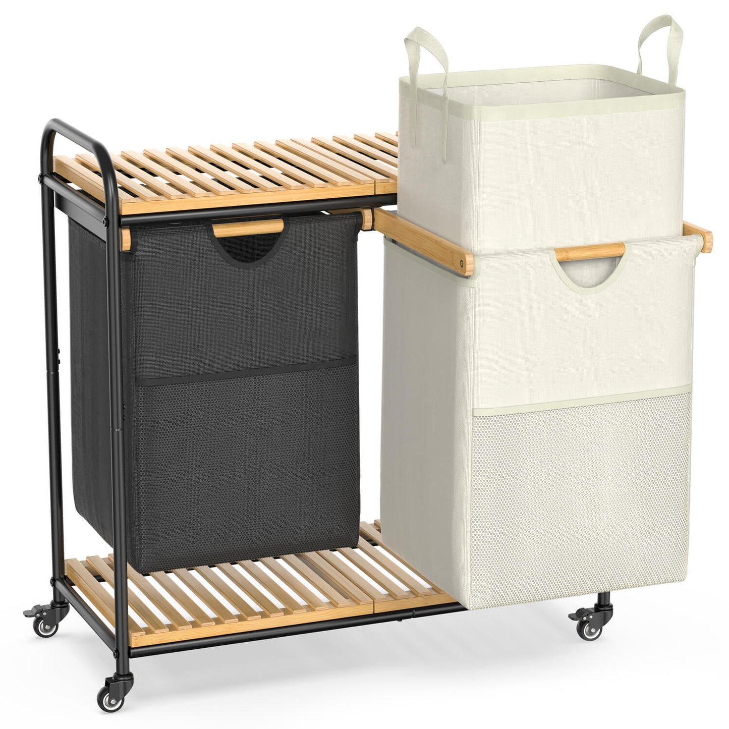 100L Bamboo Freestanding Laundry Hamper With Wheels, Storage Shelf and 2 Sliding Bag