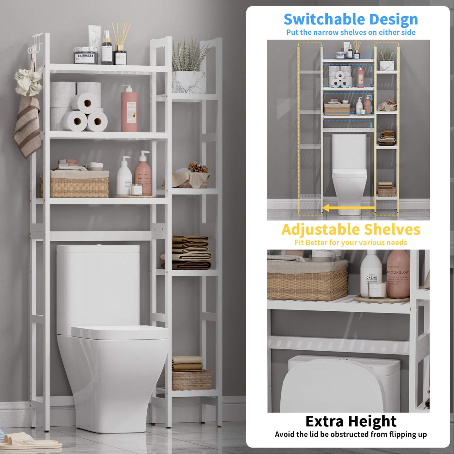 Bamboo Adjustable Freestanding Over-the-Toilet Storage With Hooks And 7 Open Shelf