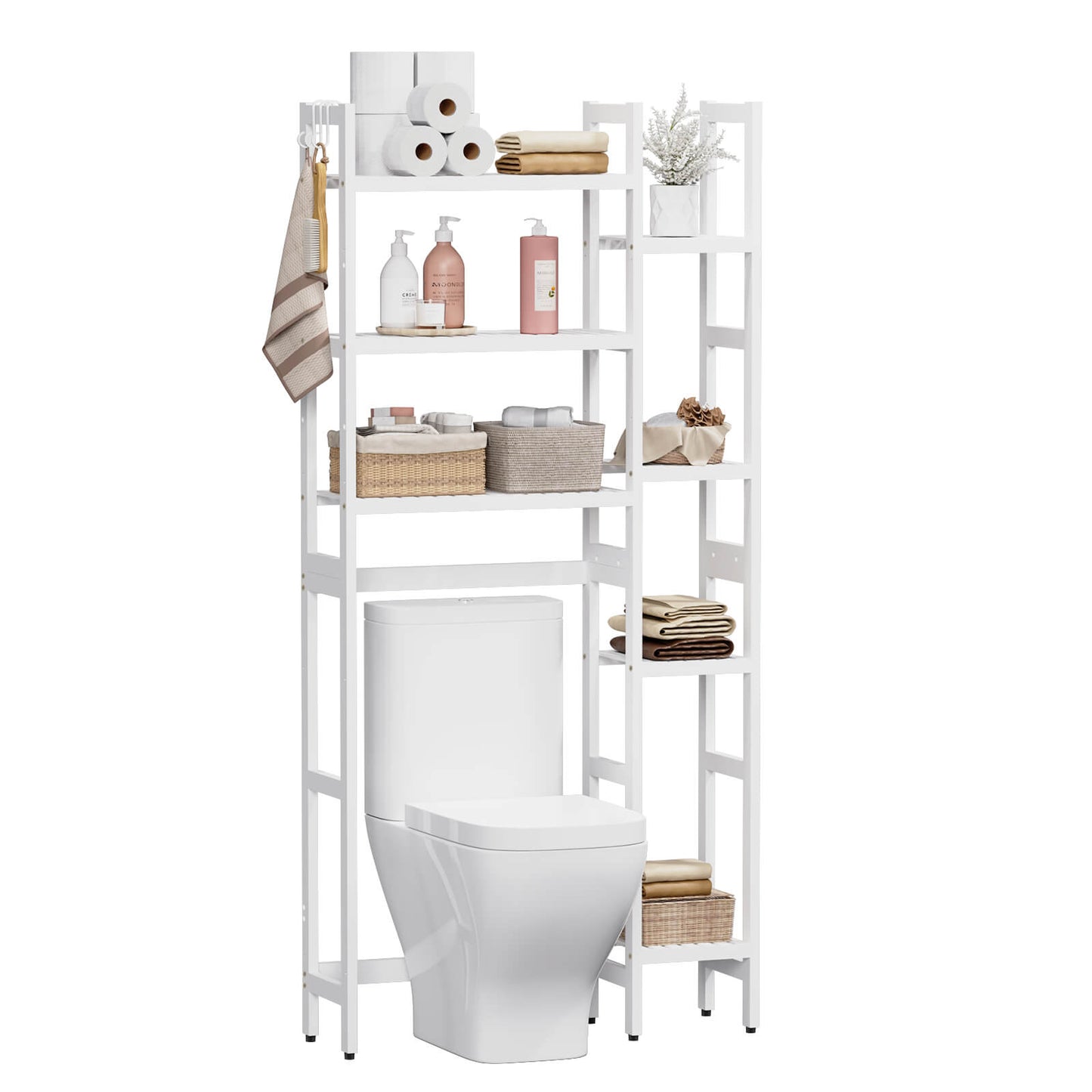 Bamboo Adjustable Freestanding Over-the-Toilet Storage With Hooks And 7 Open Shelf