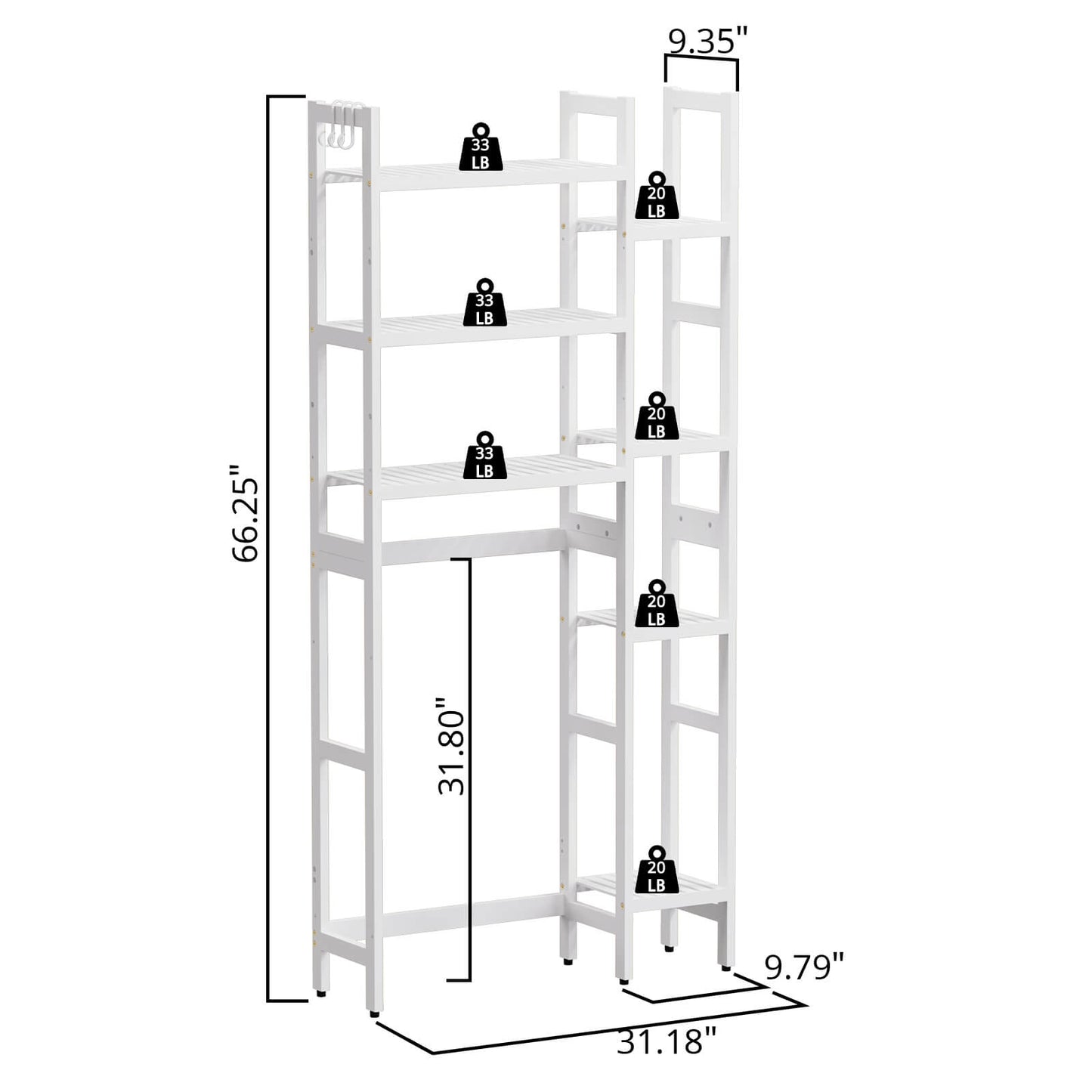 Bamboo Adjustable Freestanding Over-the-Toilet Storage With Hooks And 7 Open Shelf