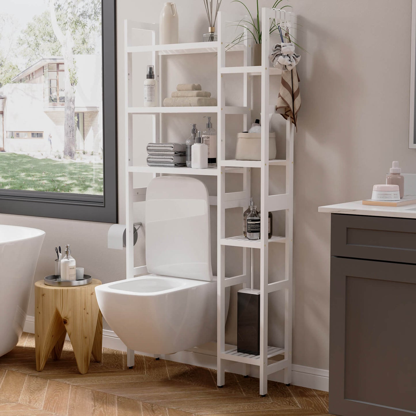 Bamboo Adjustable Freestanding Over-the-Toilet Storage With Hooks And 7 Open Shelf