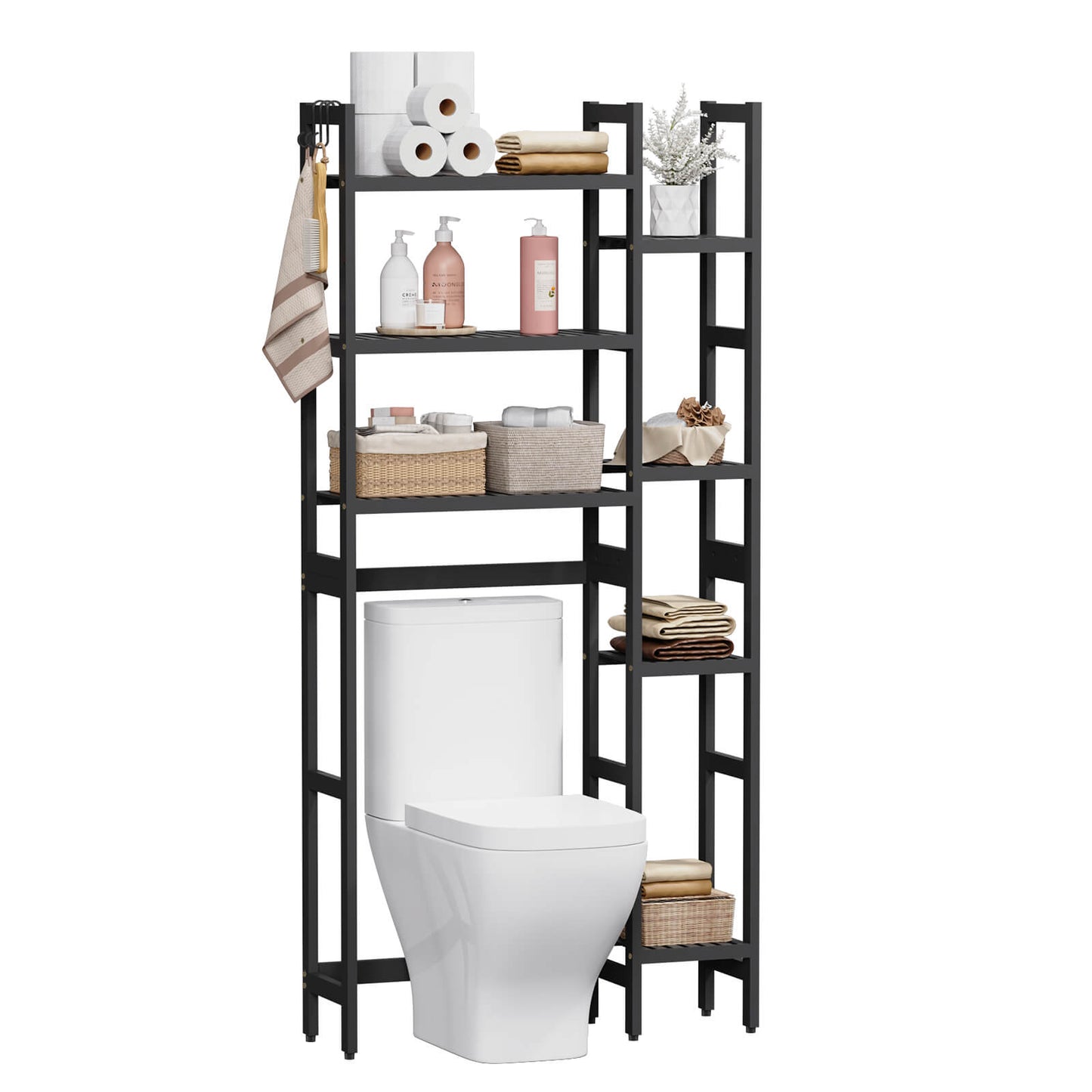 Bamboo Adjustable Freestanding Over-the-Toilet Storage With Hooks And 7 Open Shelf