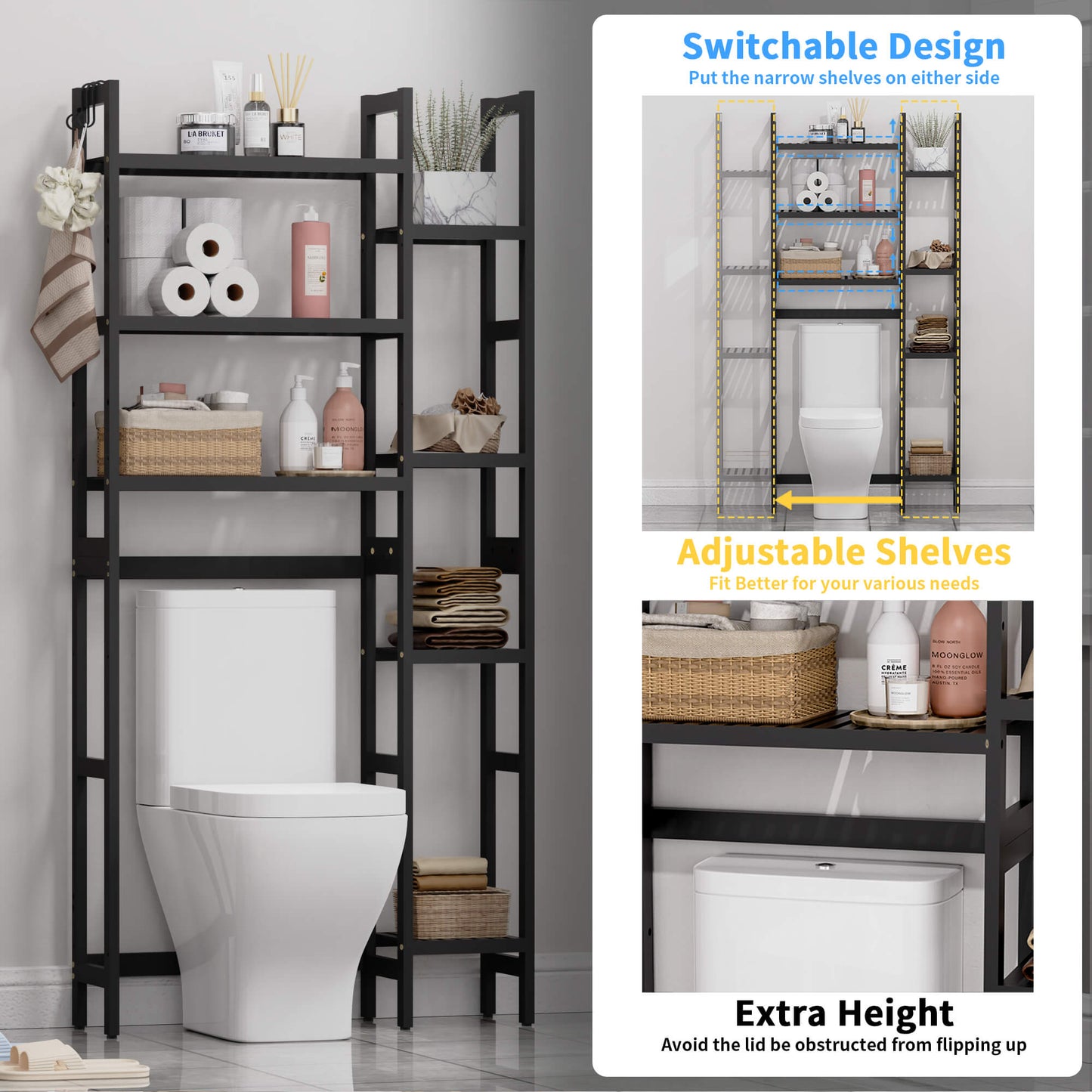 Bamboo Adjustable Freestanding Over-the-Toilet Storage With Hooks And 7 Open Shelf