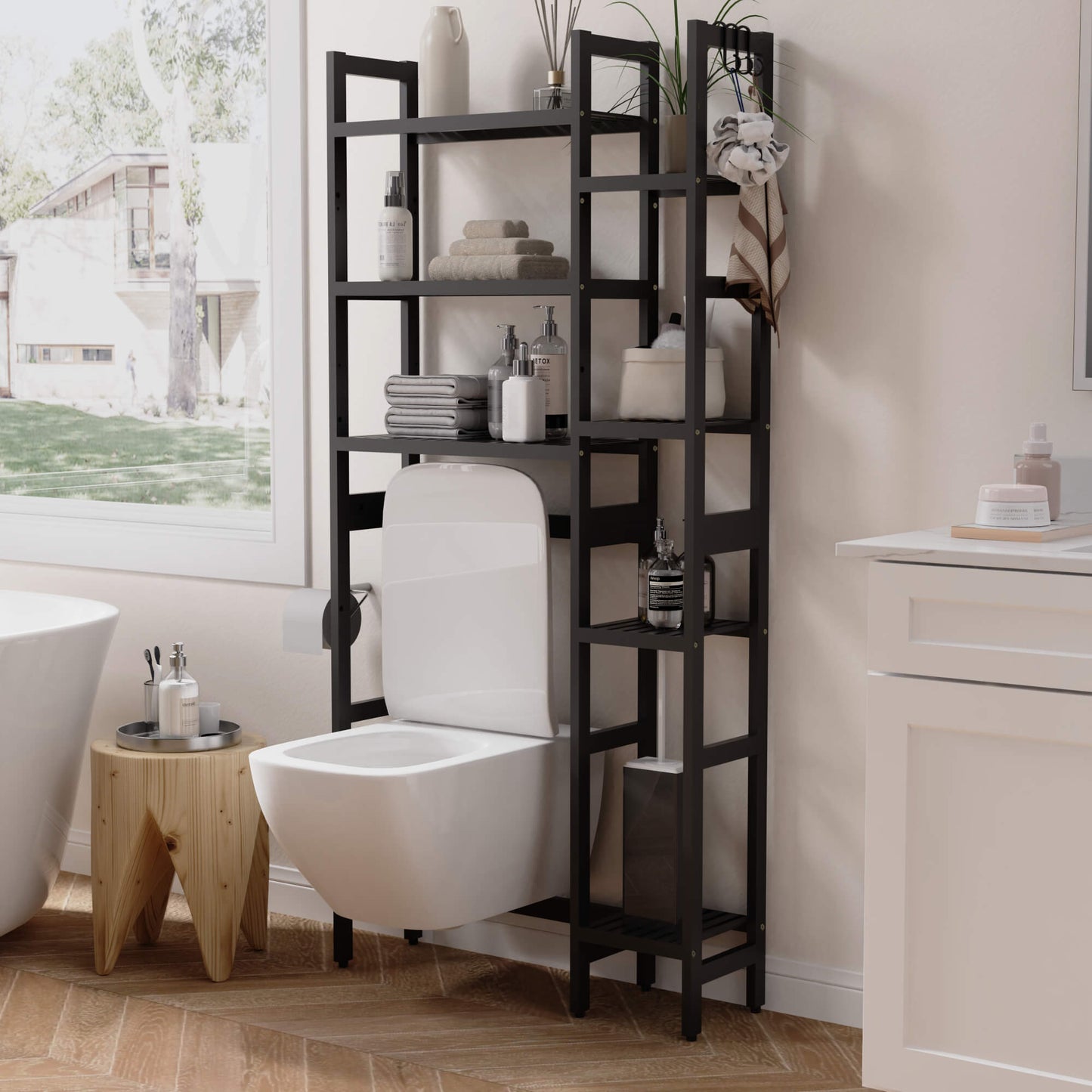 Bamboo Adjustable Freestanding Over-the-Toilet Storage With Hooks And 7 Open Shelf