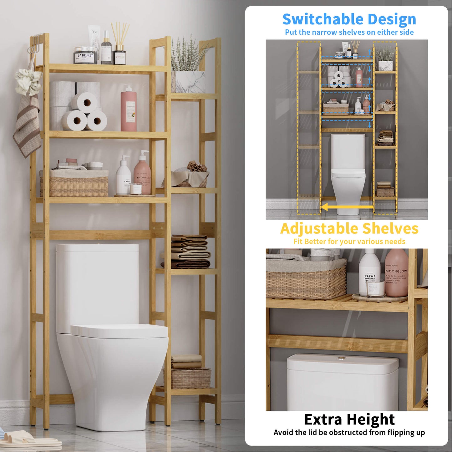 Bamboo Adjustable Freestanding Over-the-Toilet Storage With Hooks And 7 Open Shelf