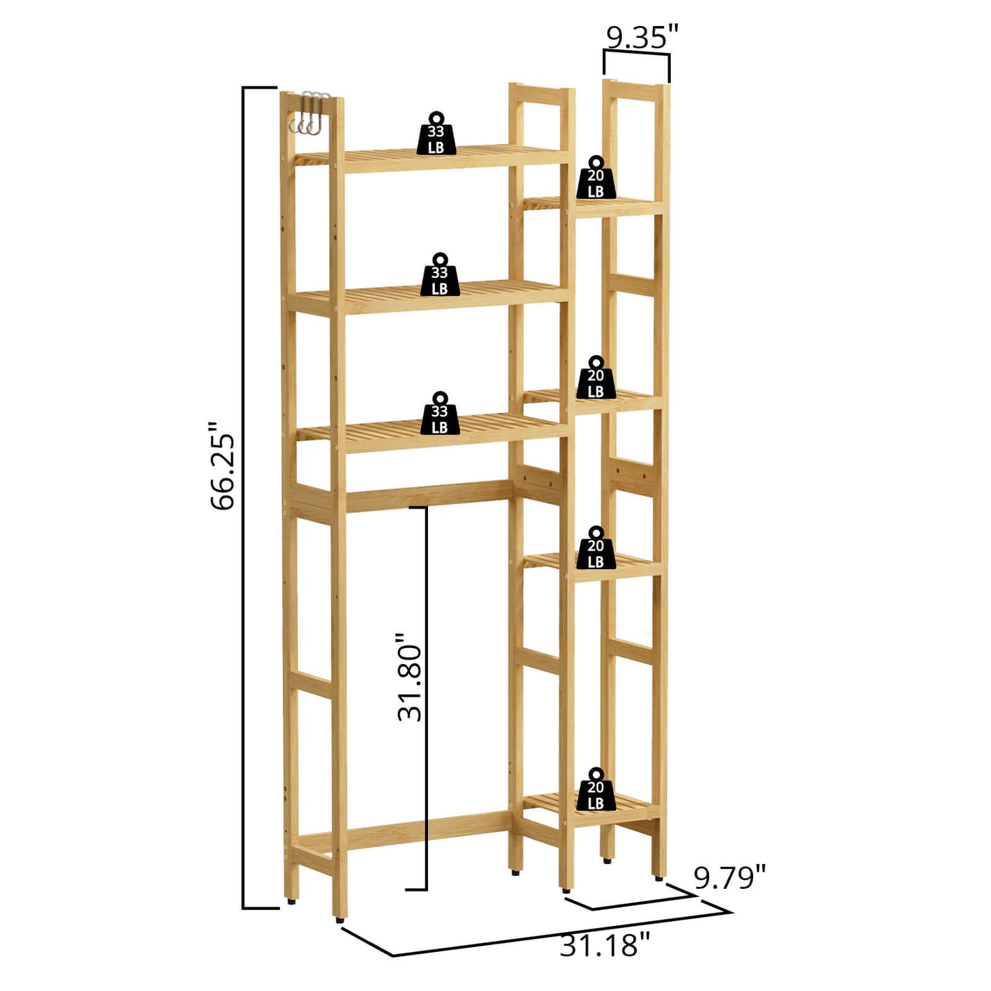 Bamboo Adjustable Freestanding Over-the-Toilet Storage With Hooks And 7 Open Shelf