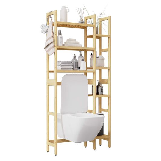 Bamboo Adjustable Freestanding Over-the-Toilet Storage With Hooks And 7 Open Shelf