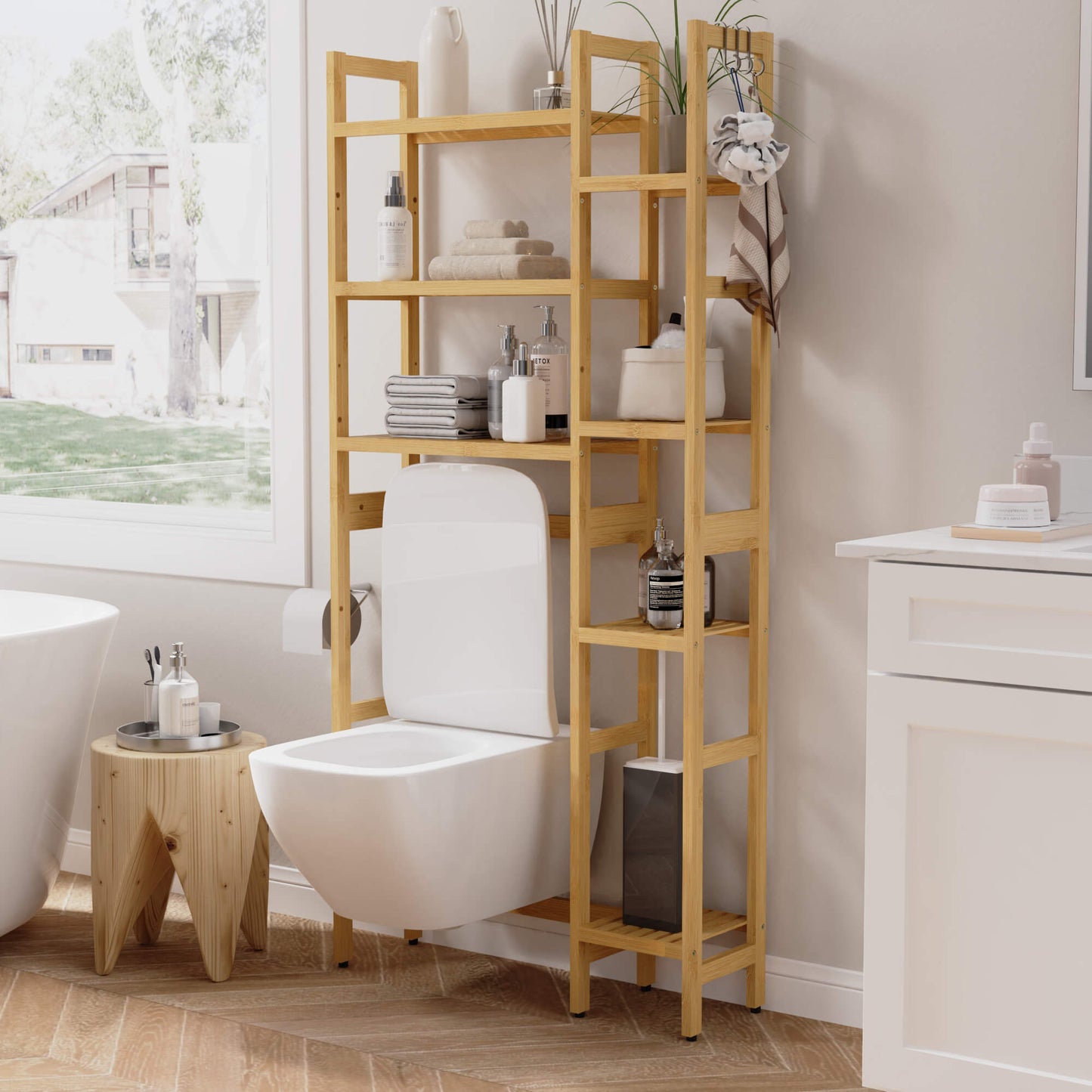 Bamboo Adjustable Freestanding Over-the-Toilet Storage With Hooks And 7 Open Shelf