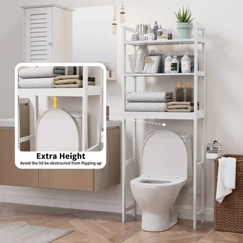 Bamboo Adjustable Freestanding Over-the-Toilet Storage With Hooks And 3 Open Shelf