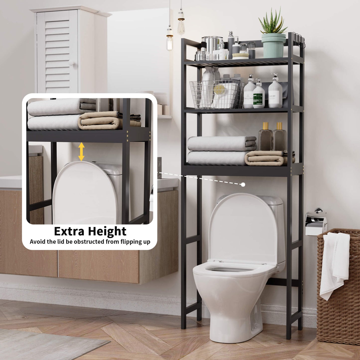 Bamboo Adjustable Freestanding Over-the-Toilet Storage With Hooks And 3 Open Shelf