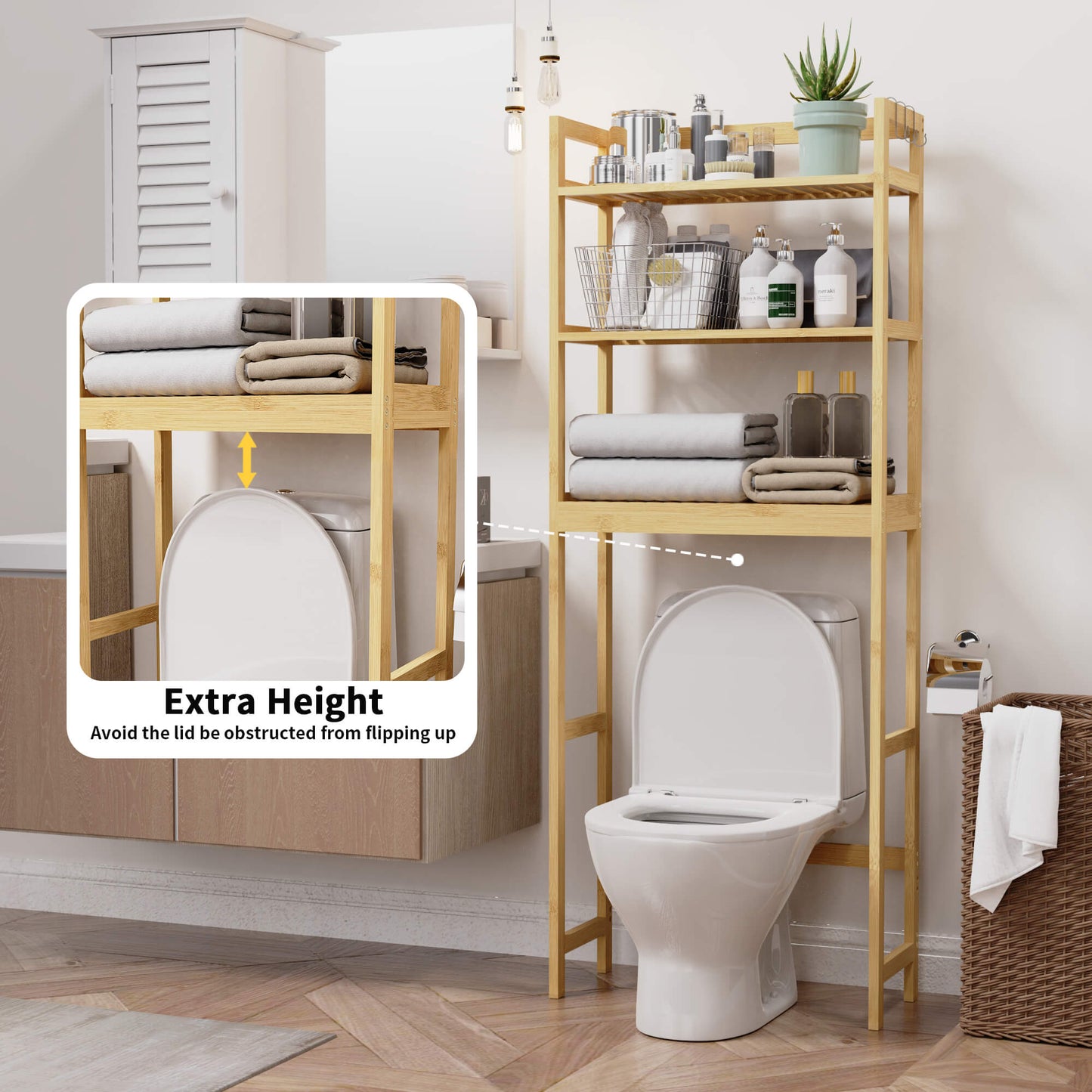 Bamboo Adjustable Freestanding Over-the-Toilet Storage With Hooks And 3 Open Shelf