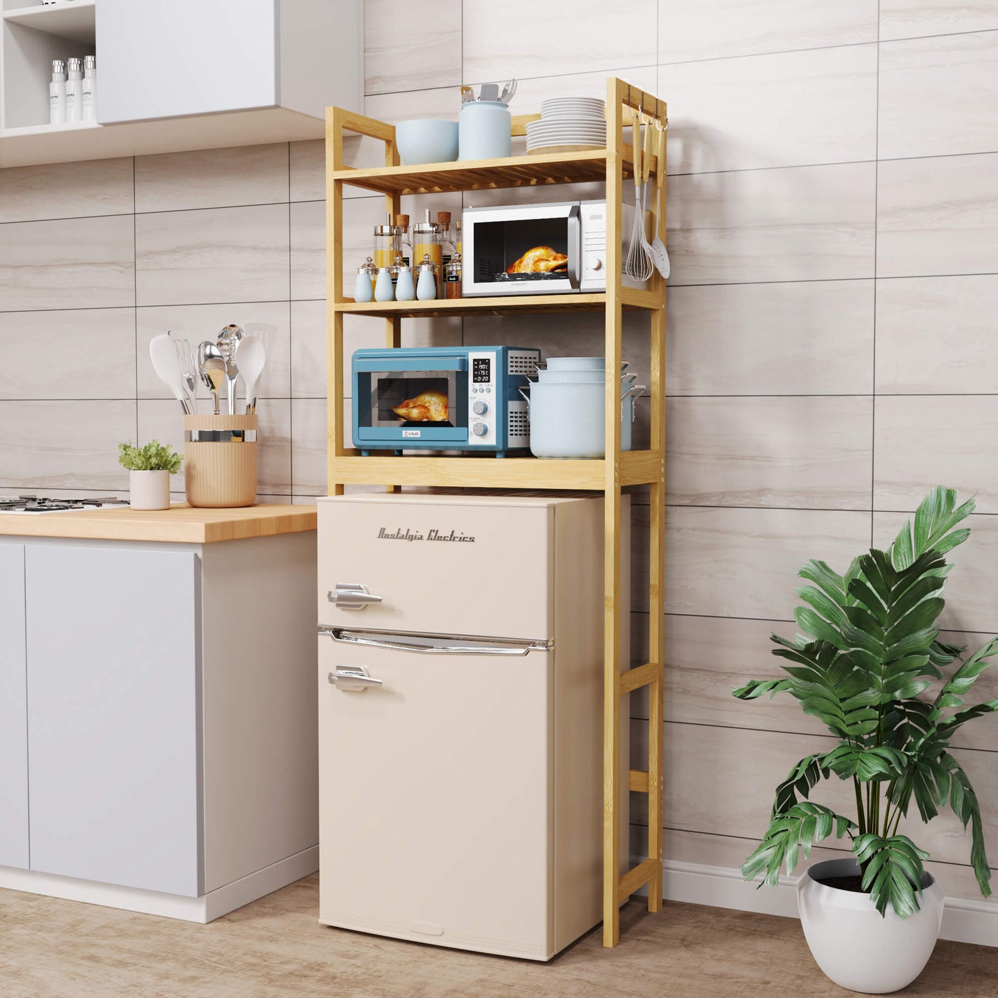 Bamboo Adjustable Freestanding Over-the-Toilet Storage With Hooks And 3 Open Shelf