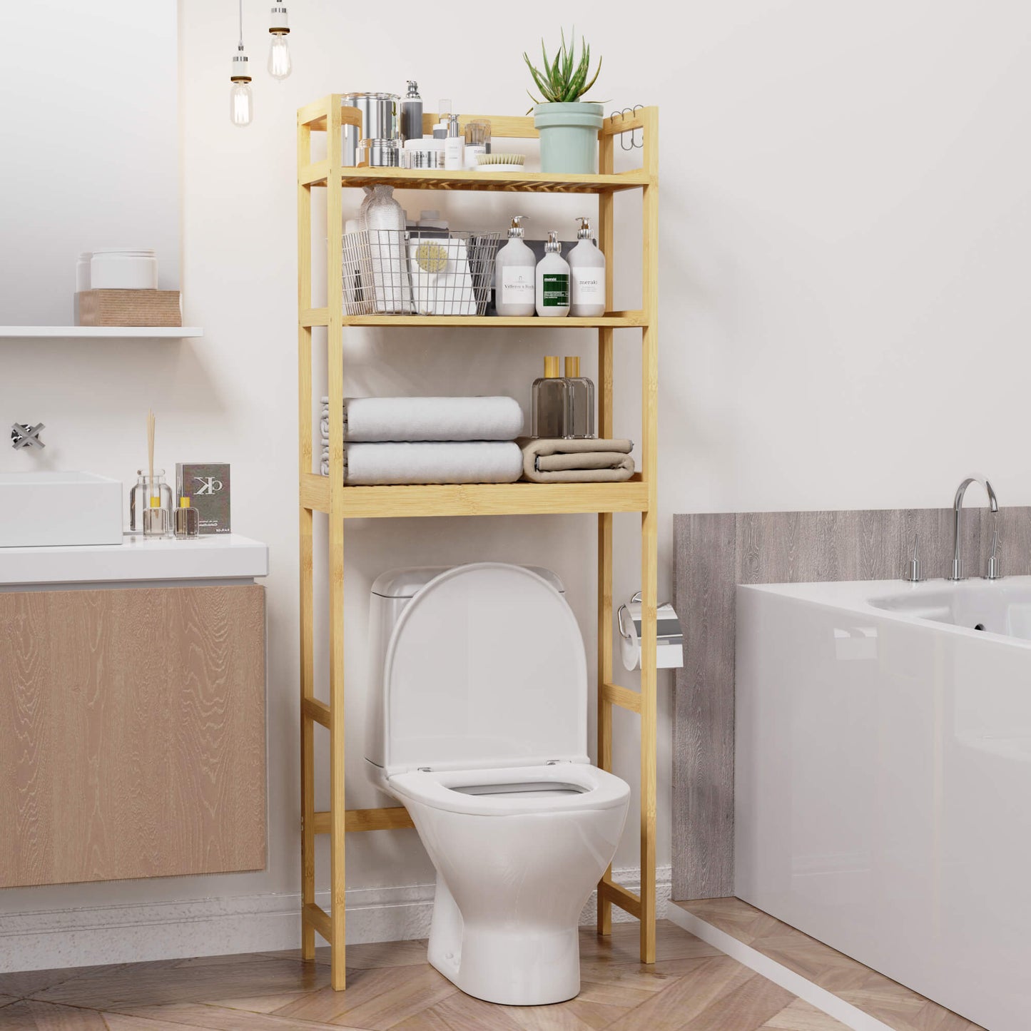 Bamboo Adjustable Freestanding Over-the-Toilet Storage With Hooks And 3 Open Shelf