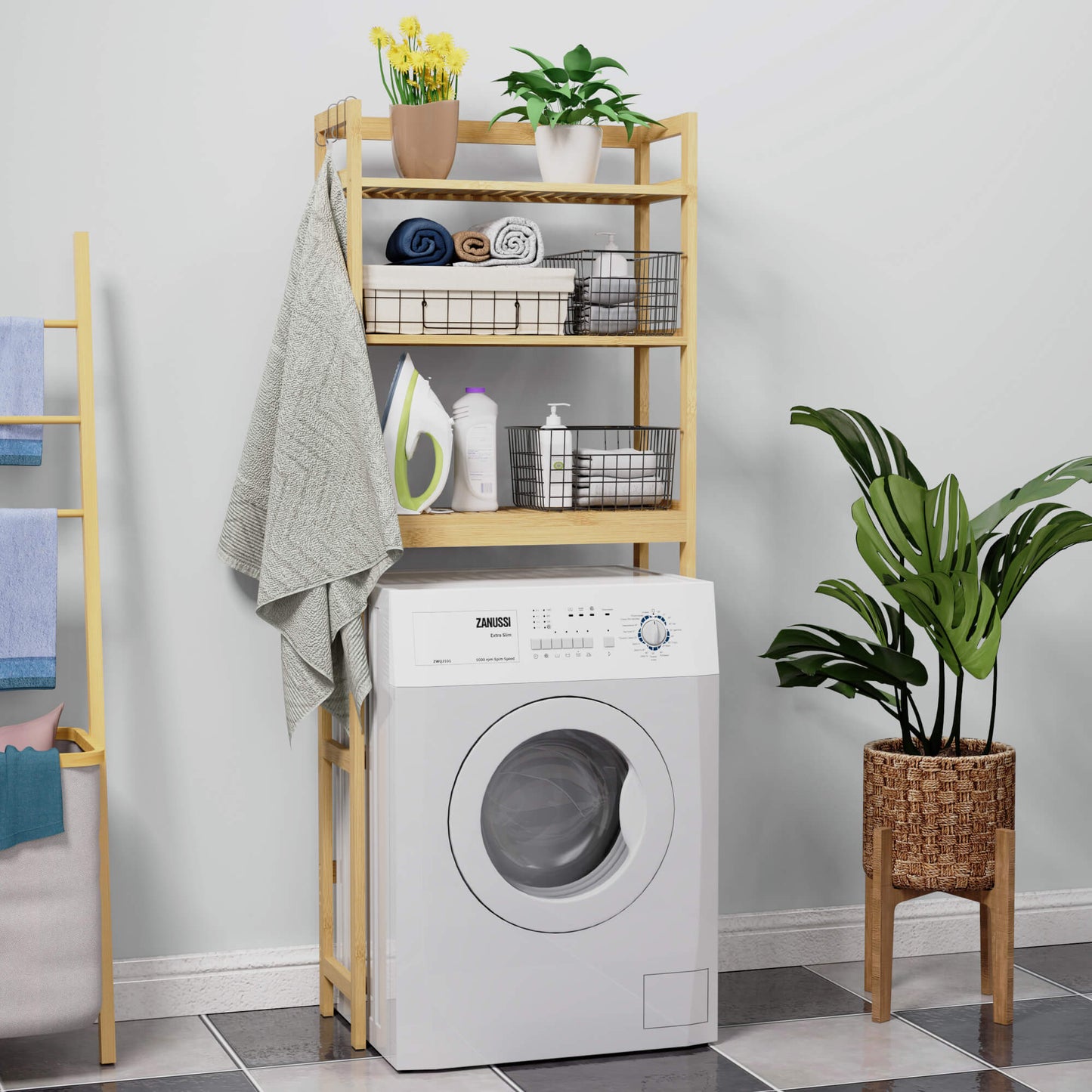 Bamboo Adjustable Freestanding Over-the-Toilet Storage With Hooks And 3 Open Shelf