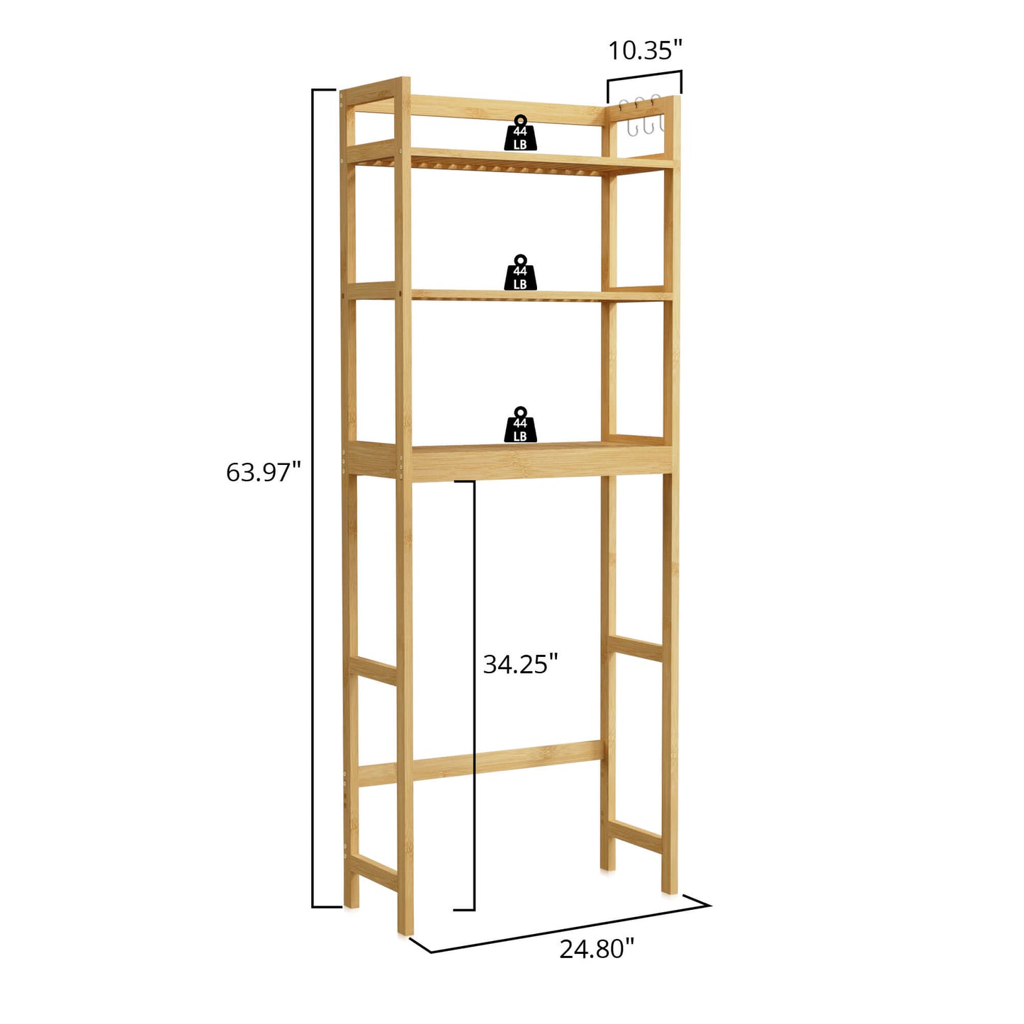 Bamboo Adjustable Freestanding Over-the-Toilet Storage With Hooks And 3 Open Shelf