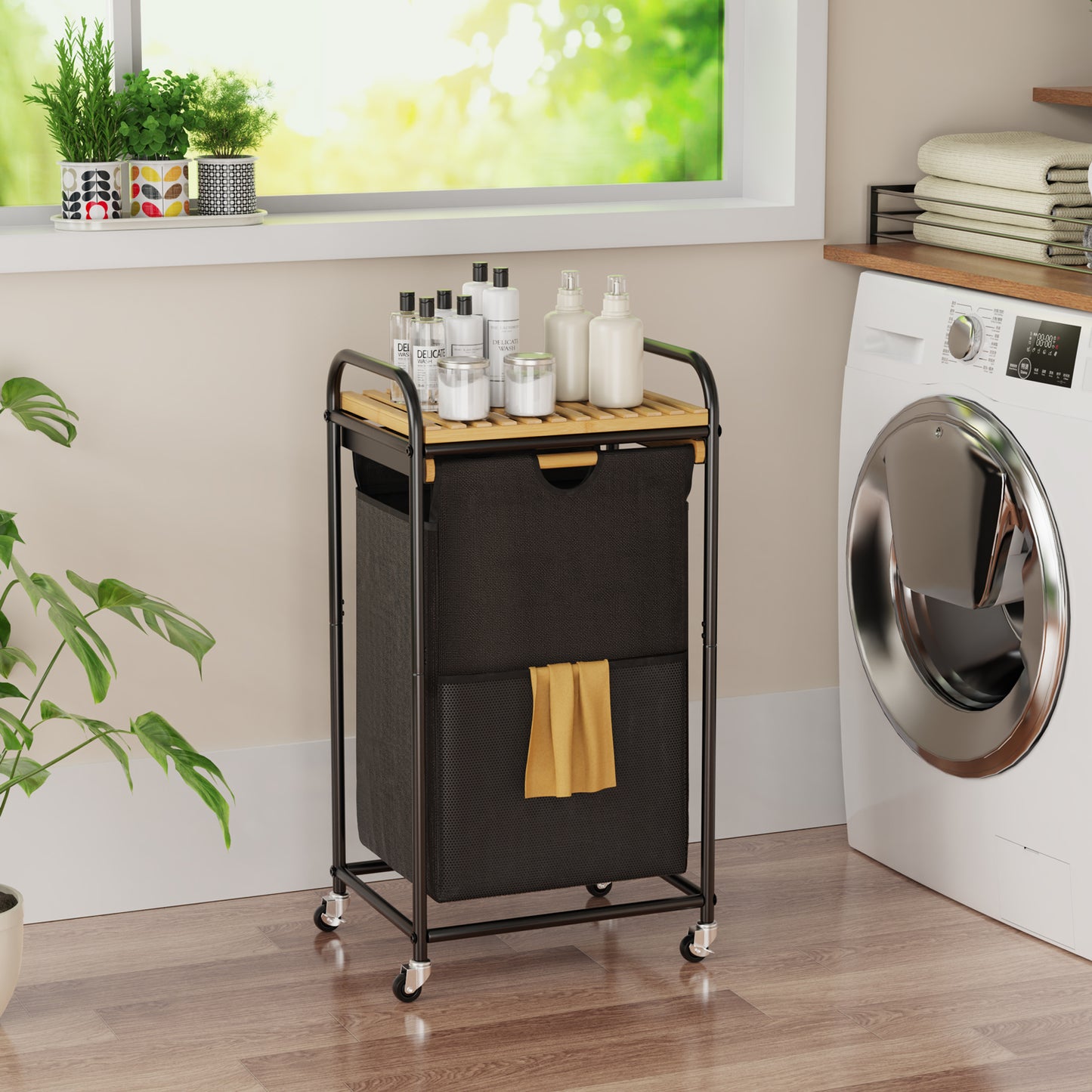 50L Bamboo Freestanding Laundry Hamper With Wheels, Storage Shelf