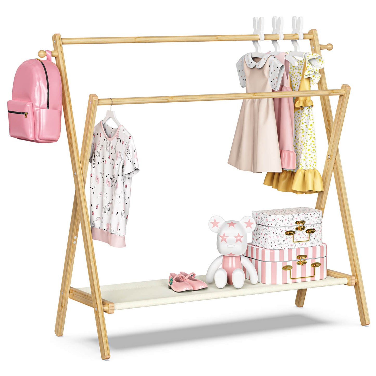 Freestanding Bamboo Clothes Rack with Shelves, Garment Rack for Bedroom (L)