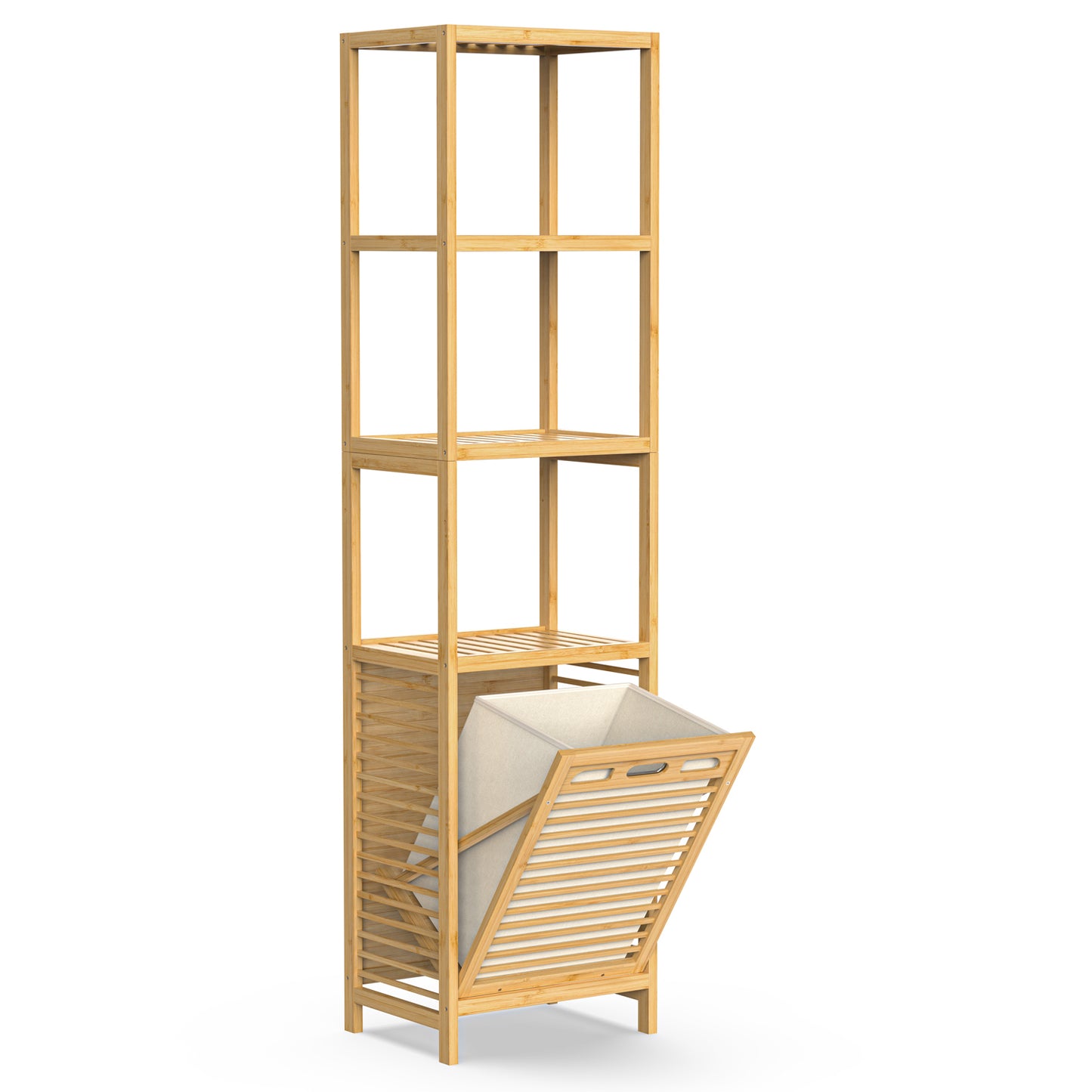 4-tier Bamboo Tilt-out Cabinet Laundry Hamper With Basket, Shelves (Beige Bag)