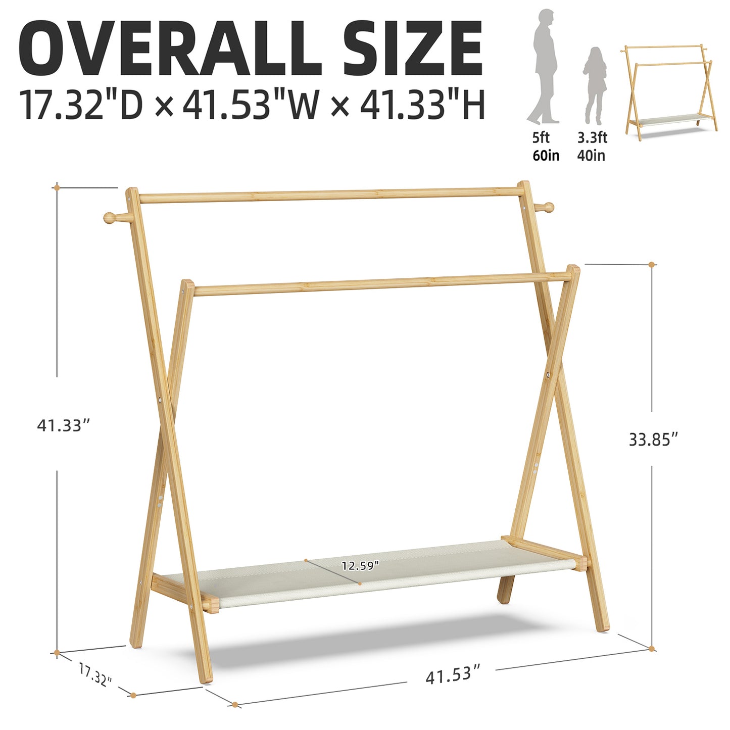 Freestanding Bamboo Clothes Rack with Shelves, Garment Rack for Bedroom (L)