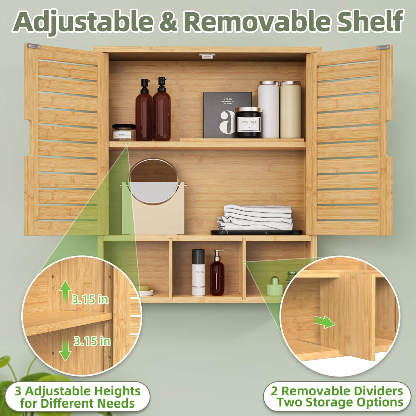 Removable Bamboo Two-Door Wall Mounted Bathroom Cabinet