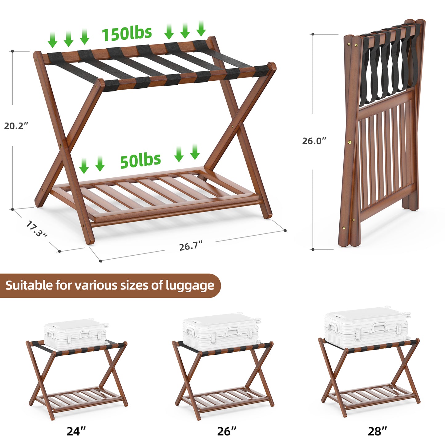 Folding Bamboo Luggage Rack with 6 Nylon Straps (Brown - 2 Pack)