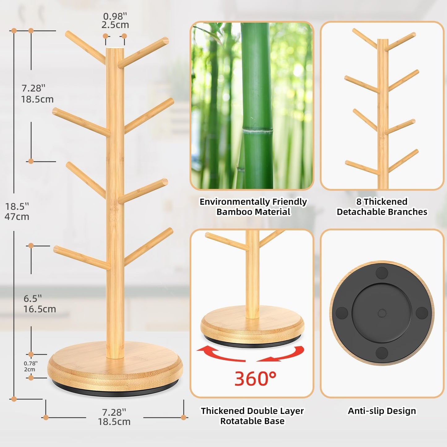 8 Hooks Bamboo Coffee Mug Tree Rotating Coffee Cup Holder (Natural)