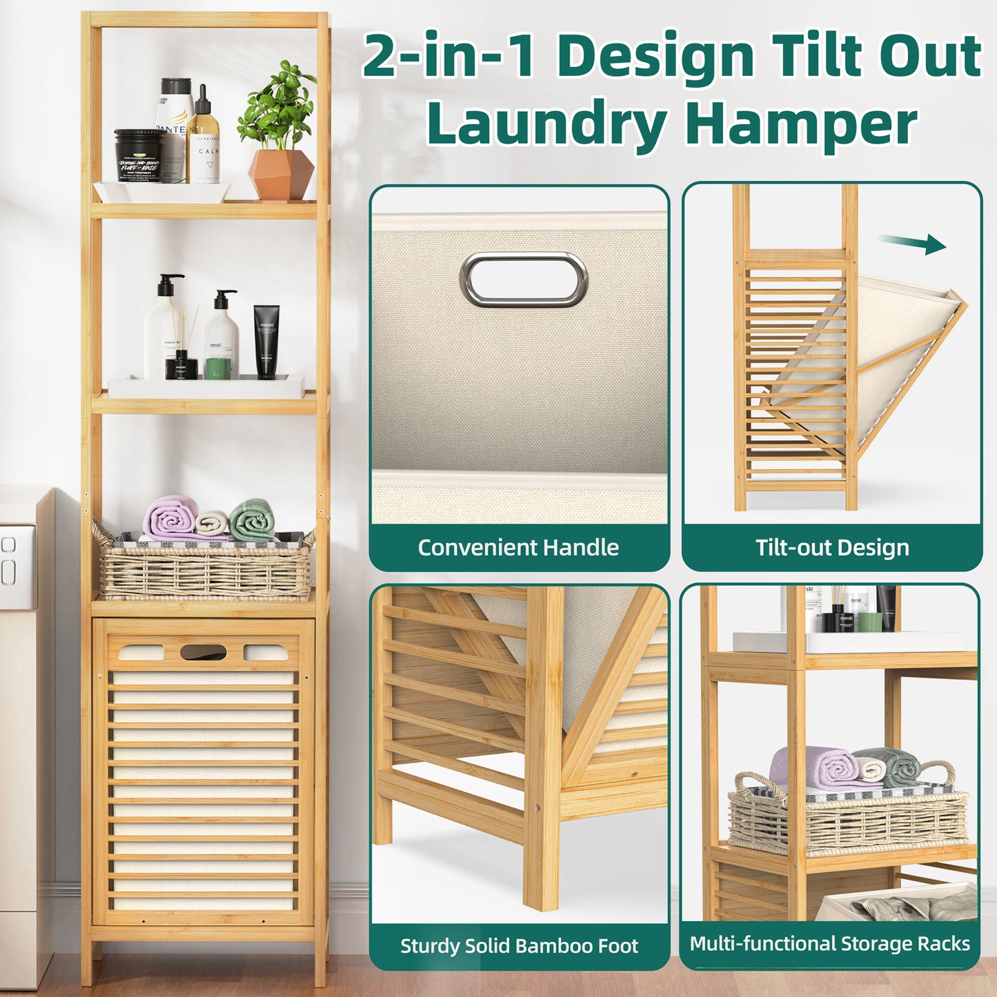 4-tier Bamboo Tilt-out Cabinet Laundry Hamper With Basket, Shelves (Beige Bag)