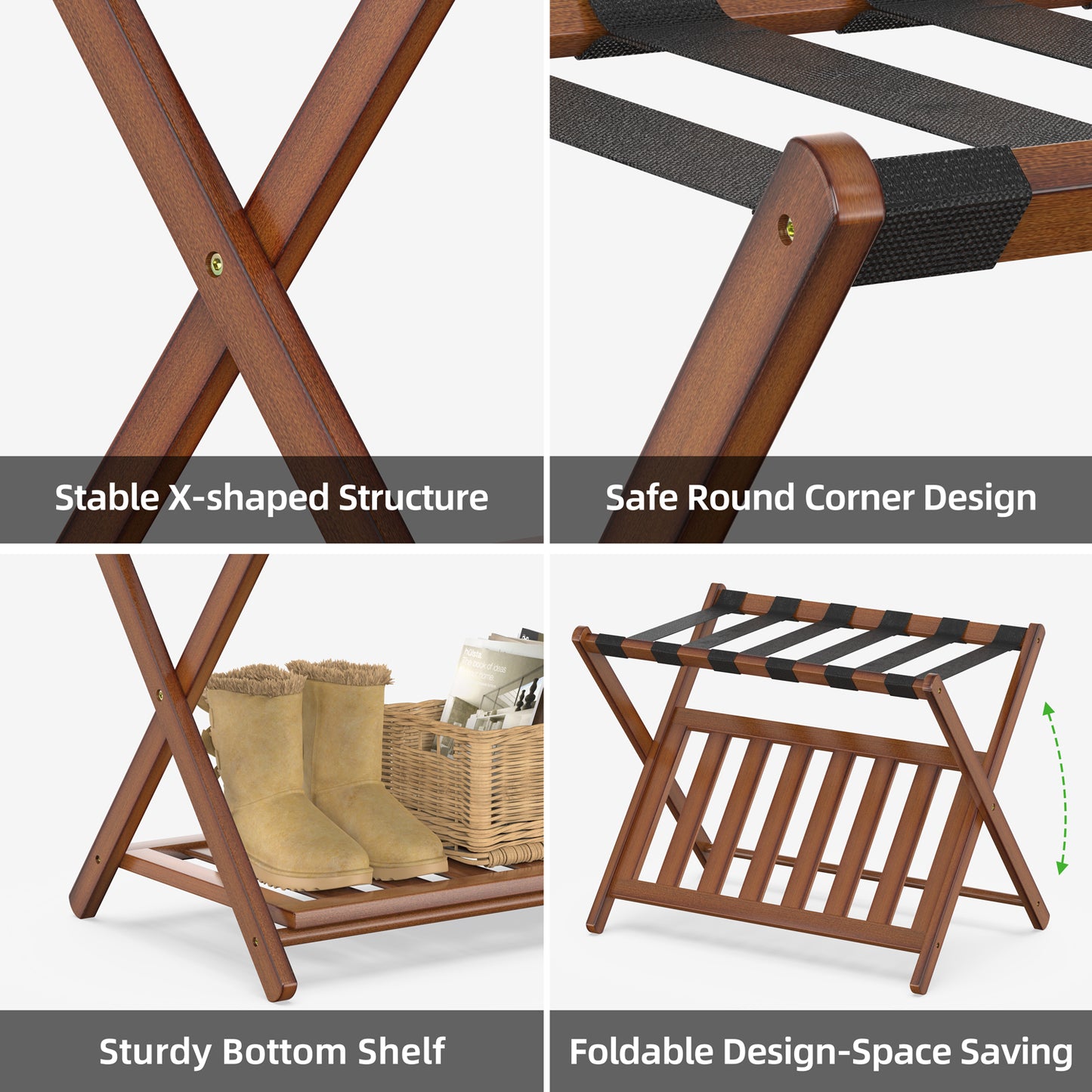 Folding Bamboo Luggage Rack with 6 Nylon Straps (Brown - 2 Pack)