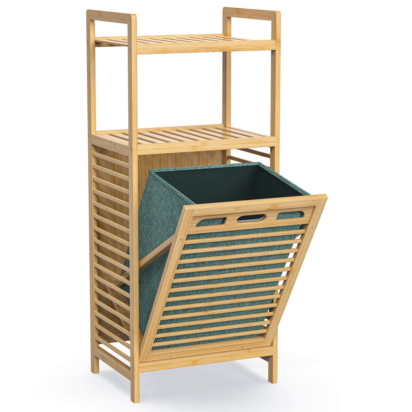 2-tier Bamboo Tilt-out Cabinet Laundry Hamper With Basket, Shelves And Handles