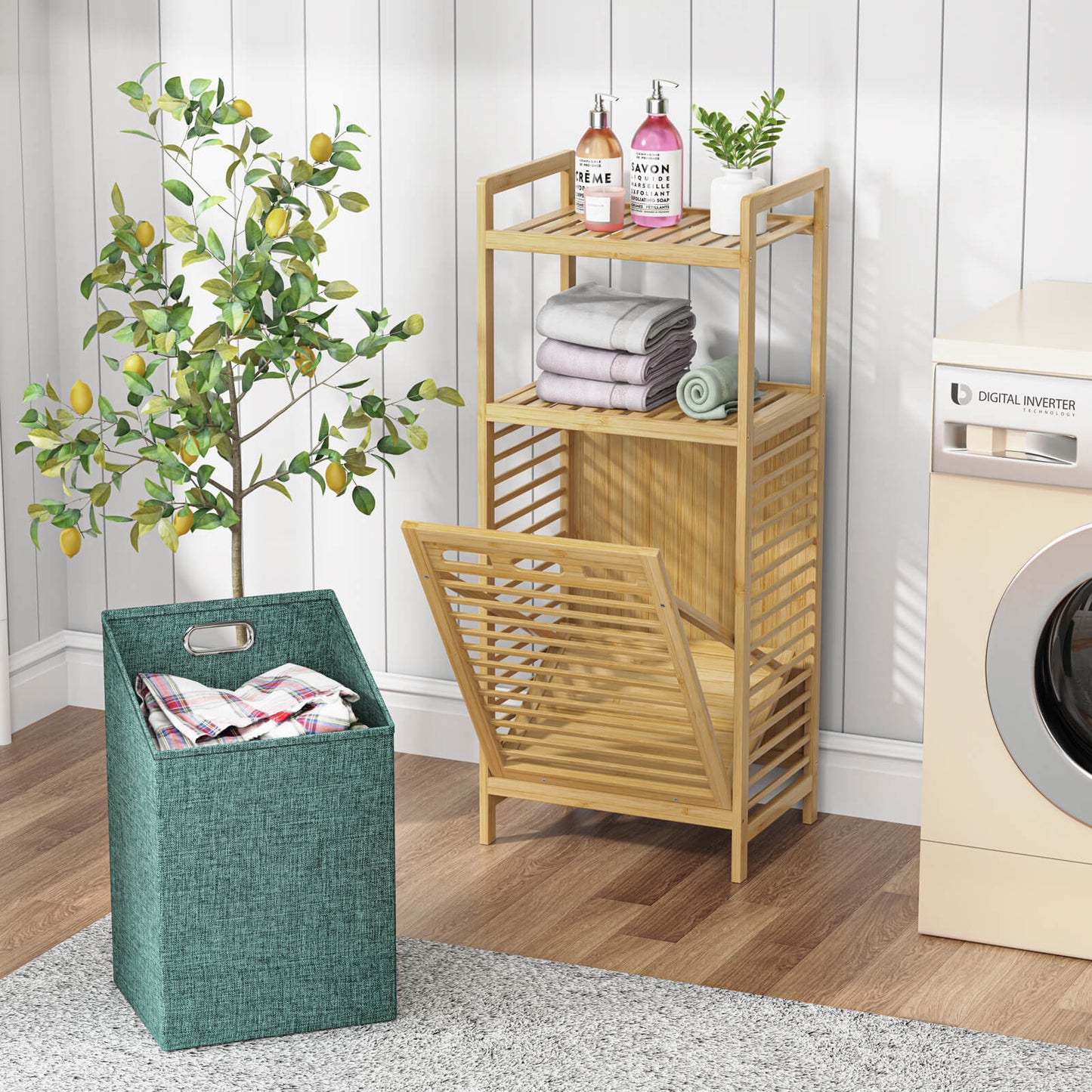 2-tier Bamboo Tilt-out Cabinet Laundry Hamper With Basket, Shelves And Handles