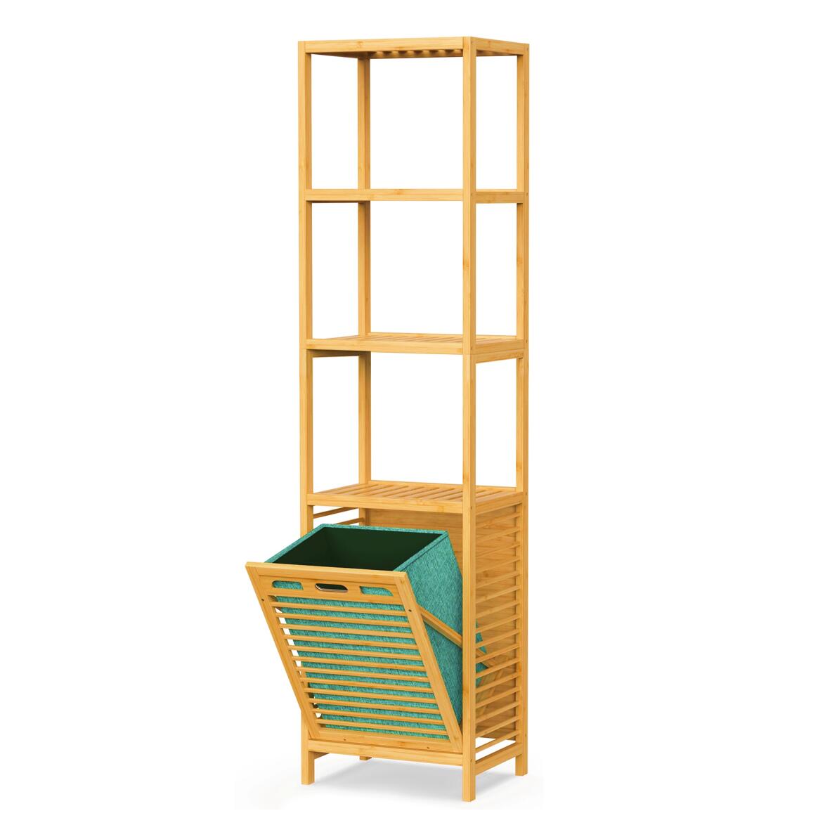 4-tier Bamboo Tilt-out Cabinet Laundry Hamper With Basket, Shelves (Green Bag)