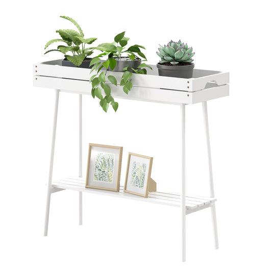 2-Tier Bamboo Plant Stand Table with Metal Legs (White)