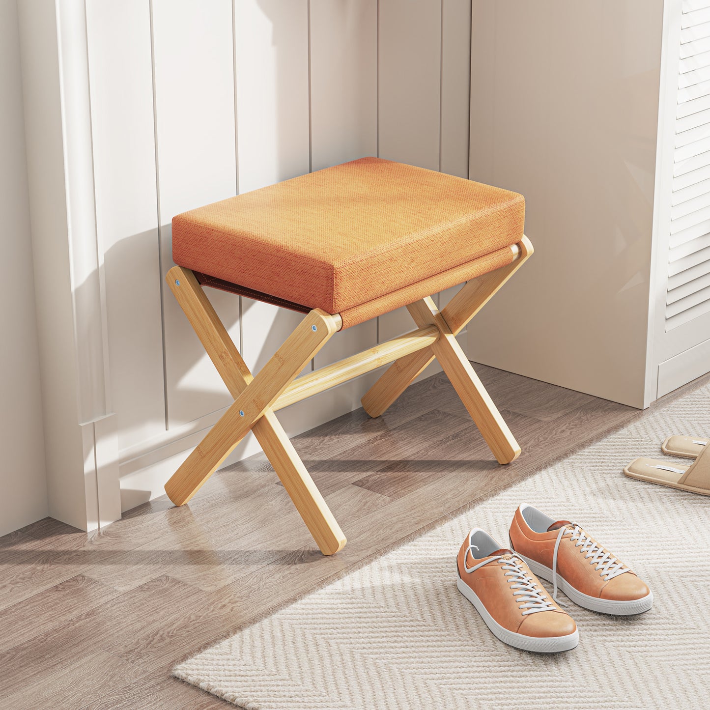 Folding Rectangle Standard Tufted Upholstered Ottoman Stool With Solid Wood Legs (Orange)