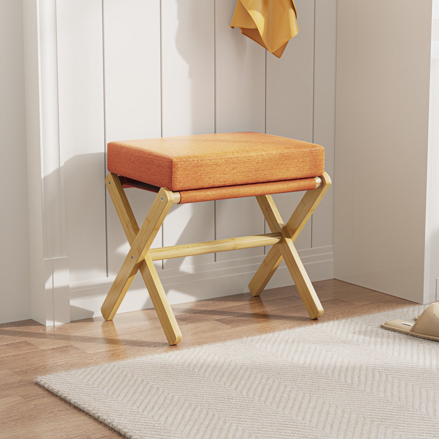 Folding Rectangle Standard Tufted Upholstered Ottoman Stool With Solid Wood Legs (Orange)