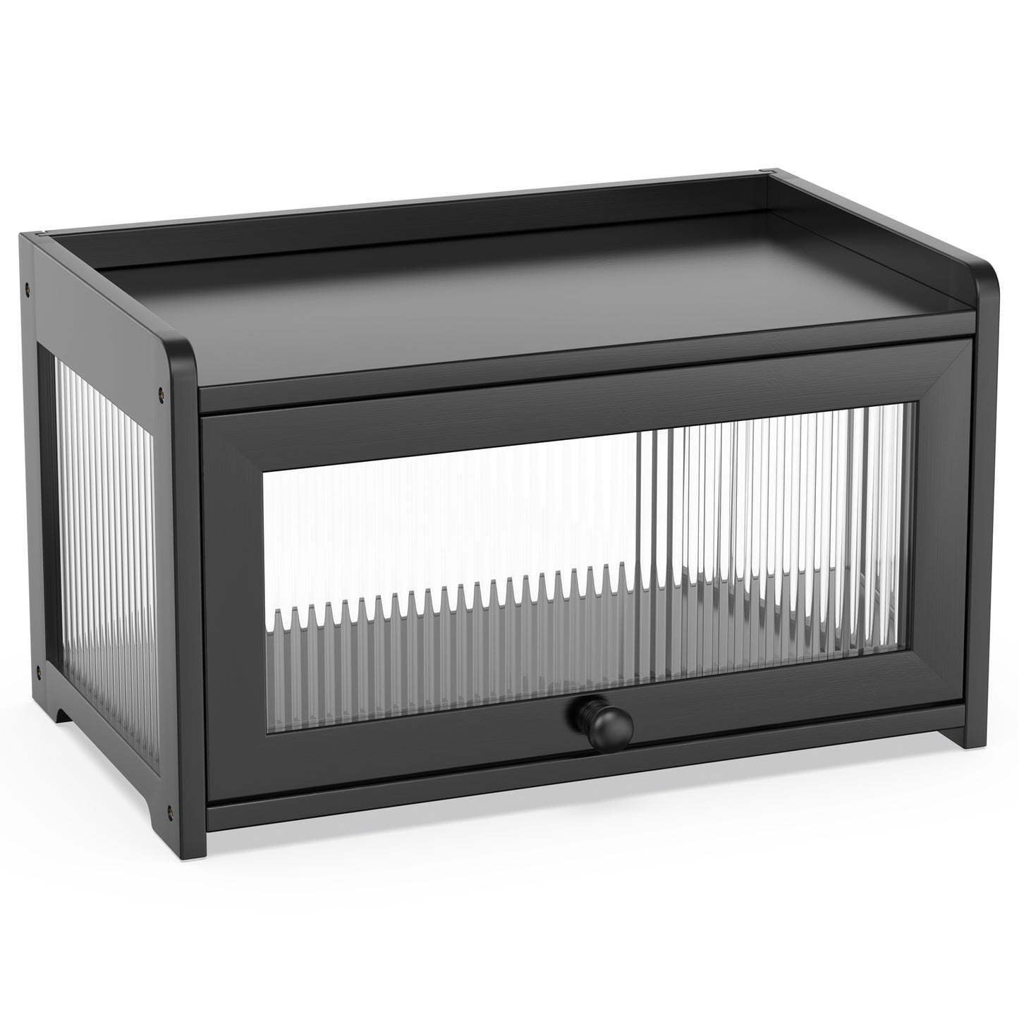 Bamboo Bread Box with 3 Sides Wavy & Back Clear Window (Black)