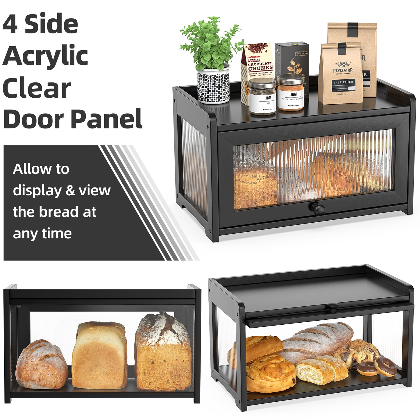 Bamboo Bread Box with 3 Sides Wavy & Back Clear Window (Black)