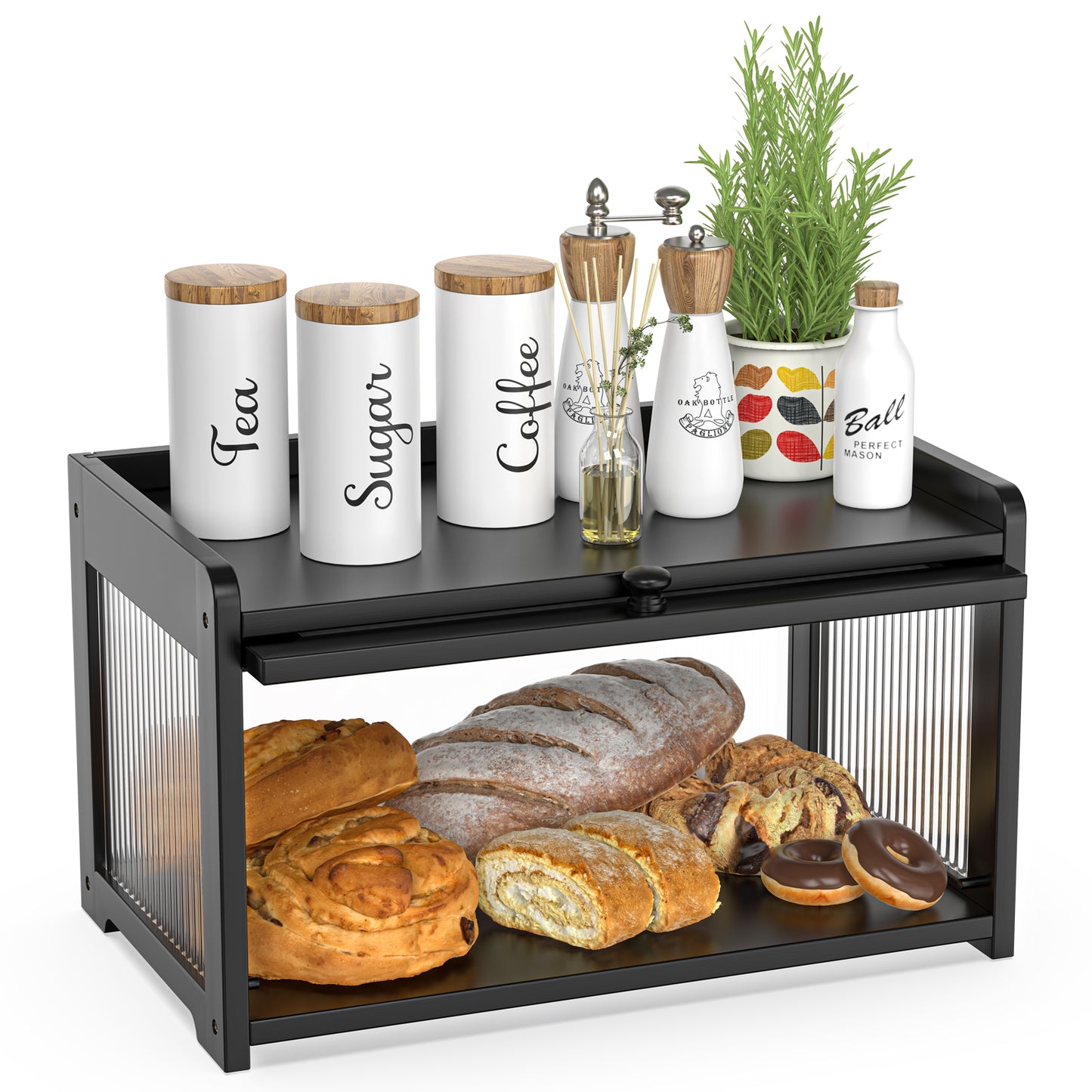 Bamboo Bread Box with 3 Sides Wavy & Back Clear Window (Black)