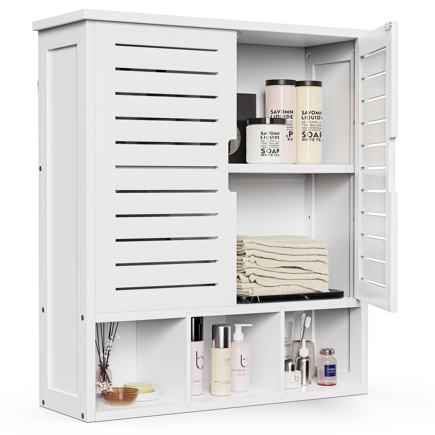 Removable Bamboo Two-Door Wall Mounted Bathroom Cabinet (White)