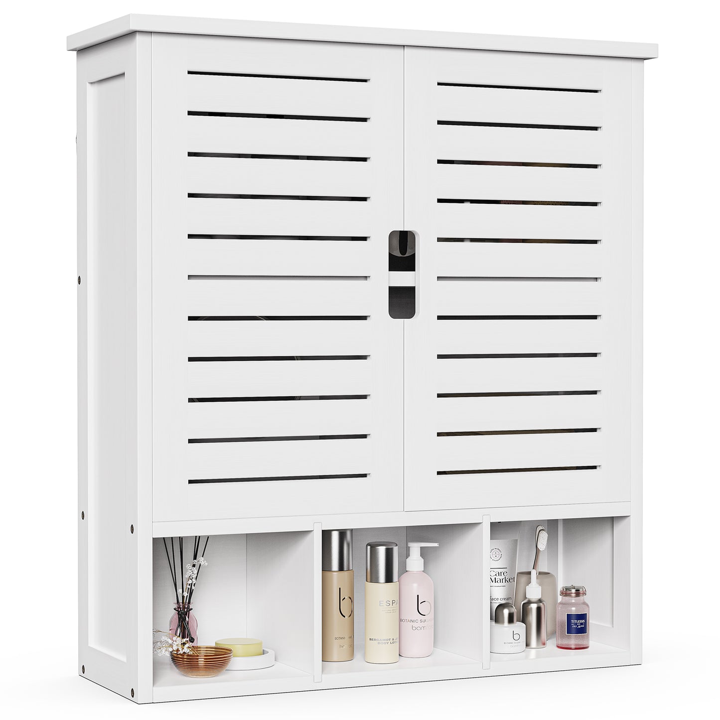 Removable Bamboo Two-Door Wall Mounted Bathroom Cabinet (White)