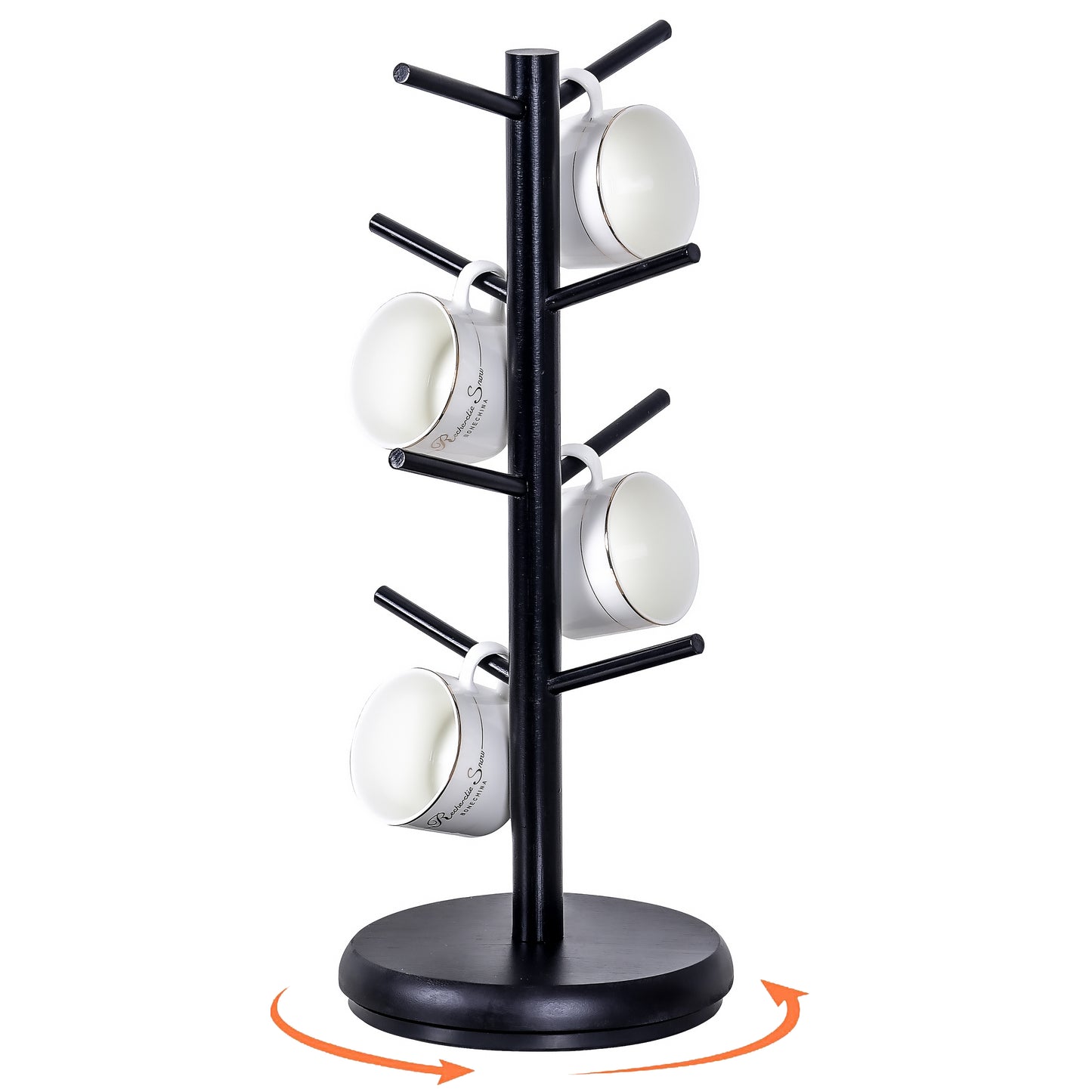 8 Hooks Bamboo Coffee Mug Tree Rotating Coffee Cup Holder (Black)