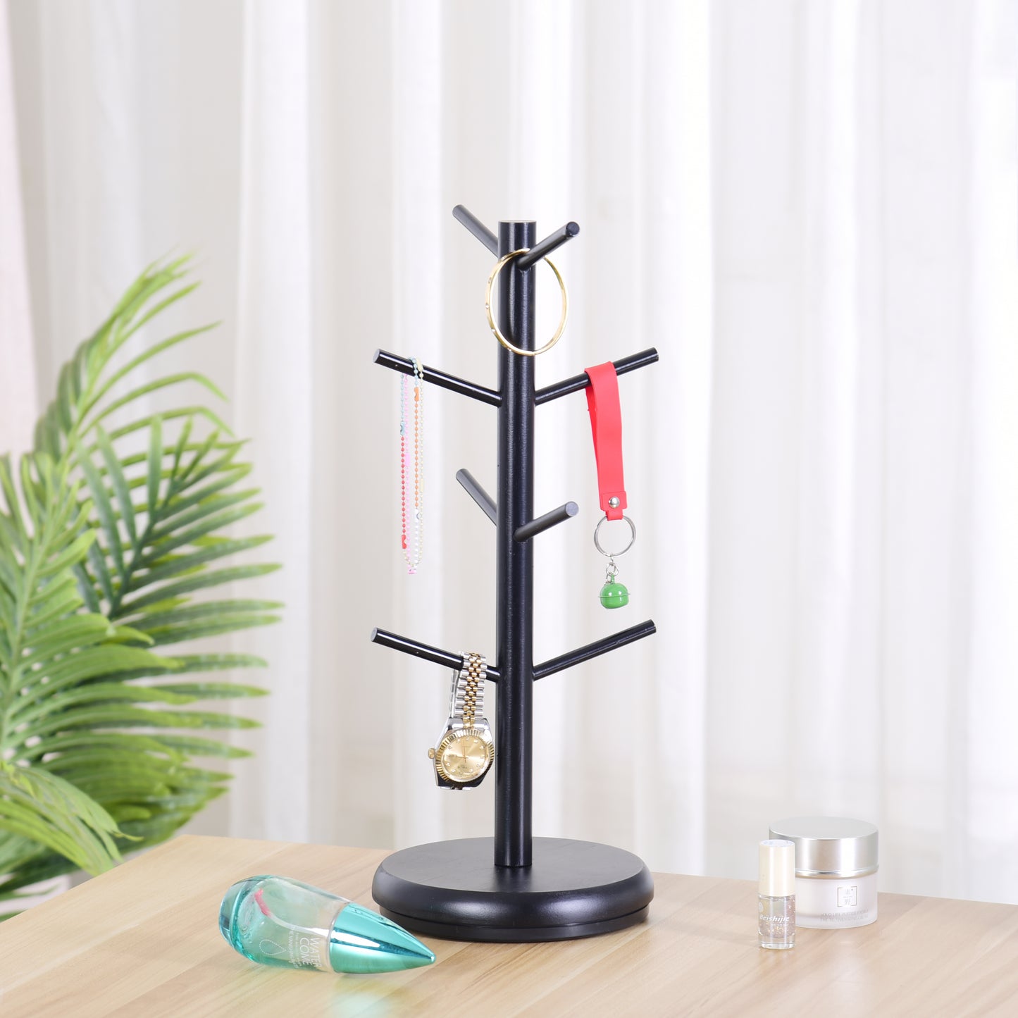 8 Hooks Bamboo Coffee Mug Tree Rotating Coffee Cup Holder (Black)