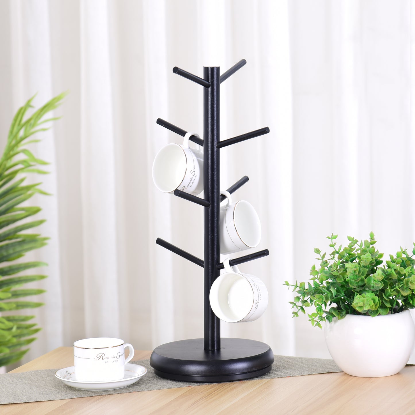 8 Hooks Bamboo Coffee Mug Tree Rotating Coffee Cup Holder (Black)